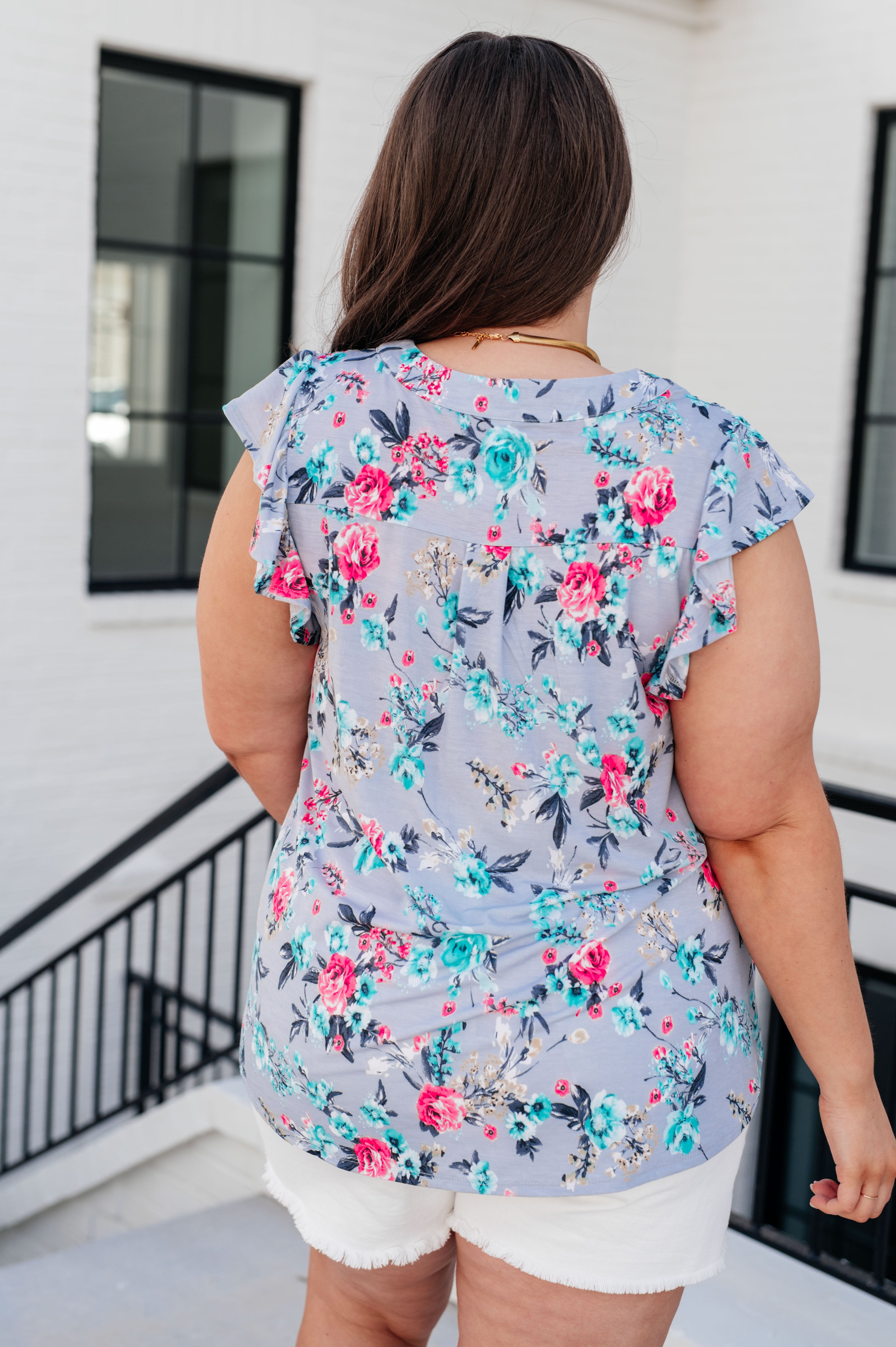 Lizzy Flutter Sleeve Top in Grey and Mint Floral Tops Ave Shops   