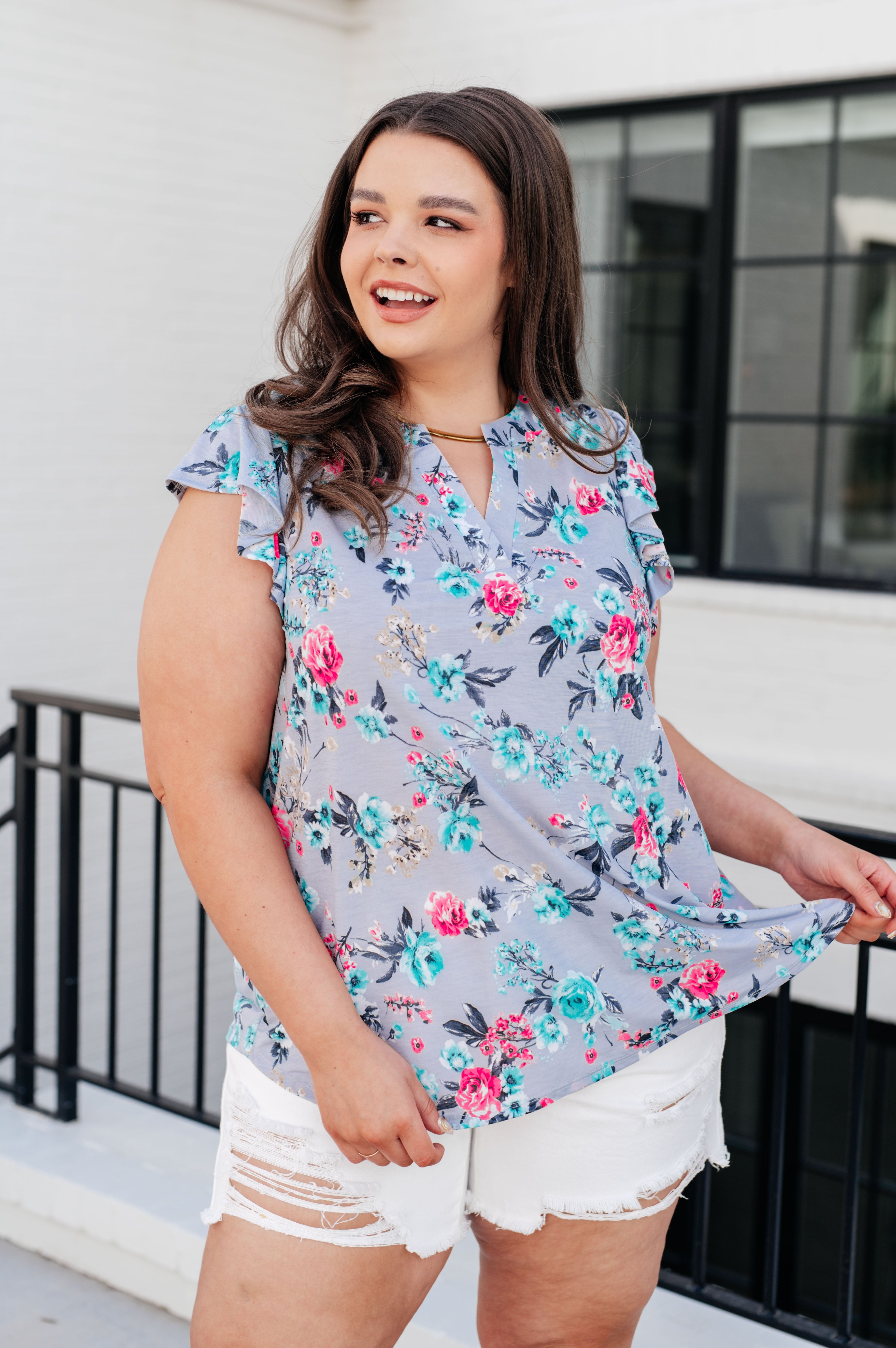 Lizzy Flutter Sleeve Top in Grey and Mint Floral Tops Ave Shops   