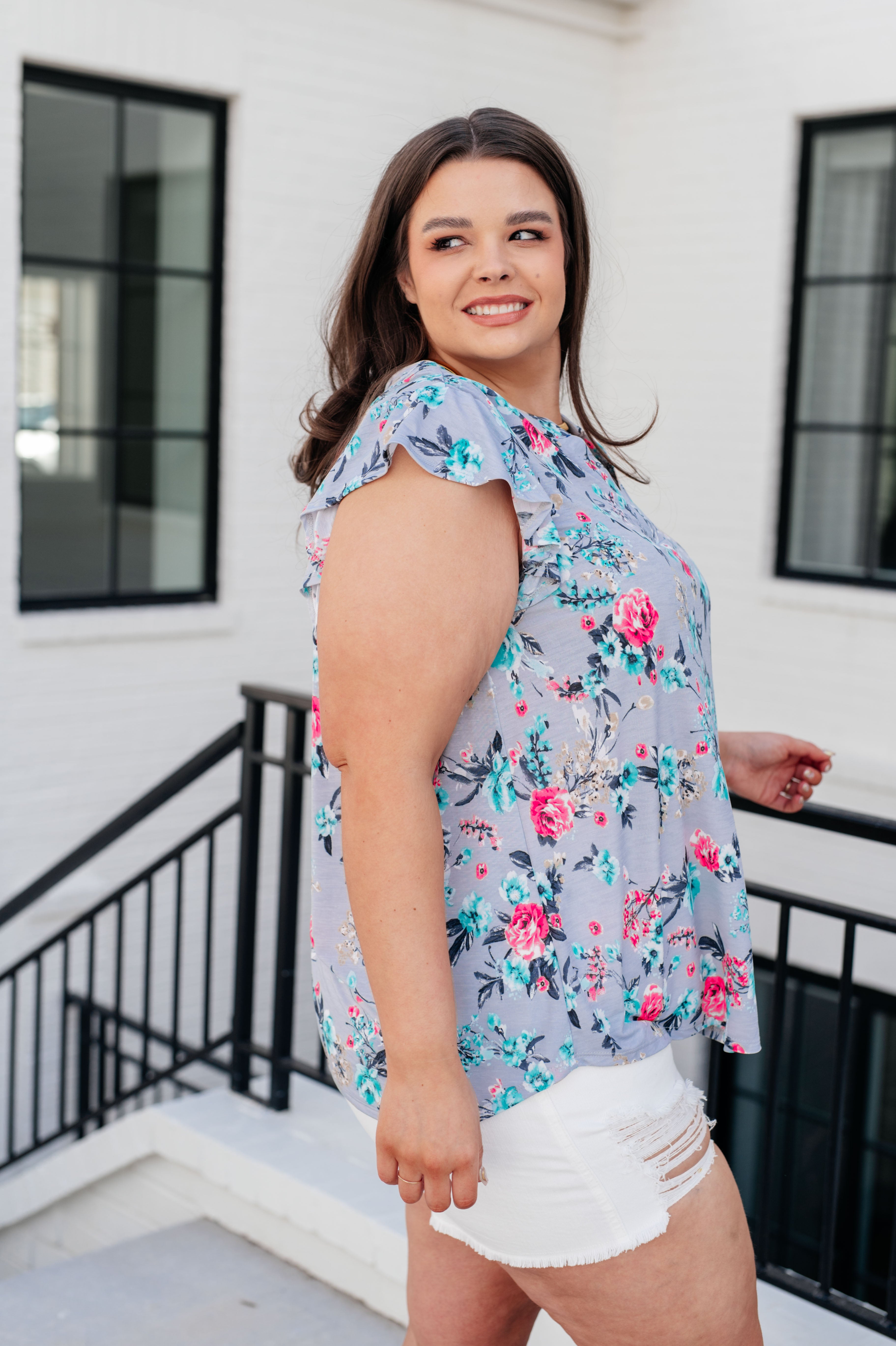 Lizzy Flutter Sleeve Top in Grey and Mint Floral Tops Ave Shops   