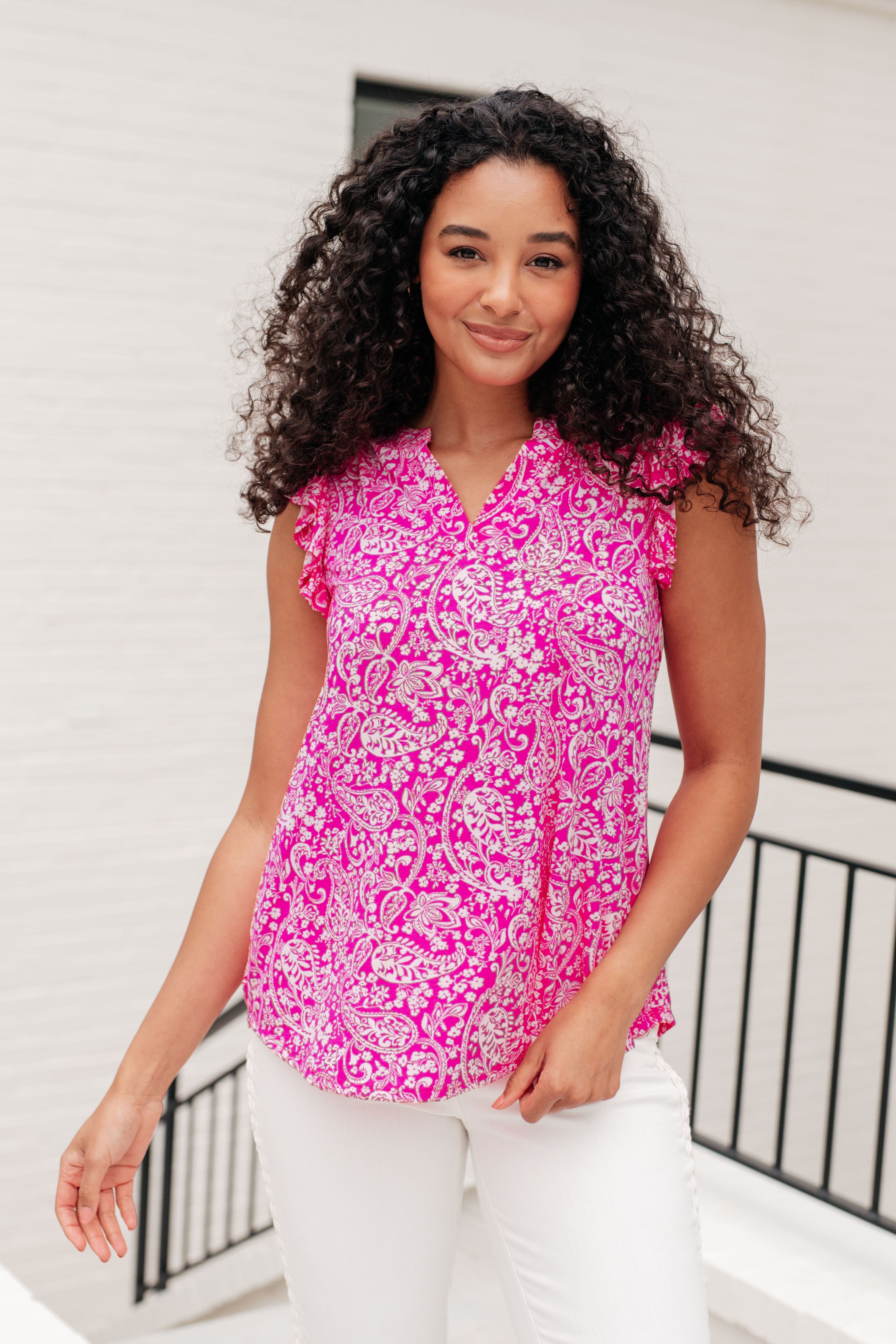 Lizzy Flutter Sleeve Top in Hot Pink and White Floral Tops Ave Shops   