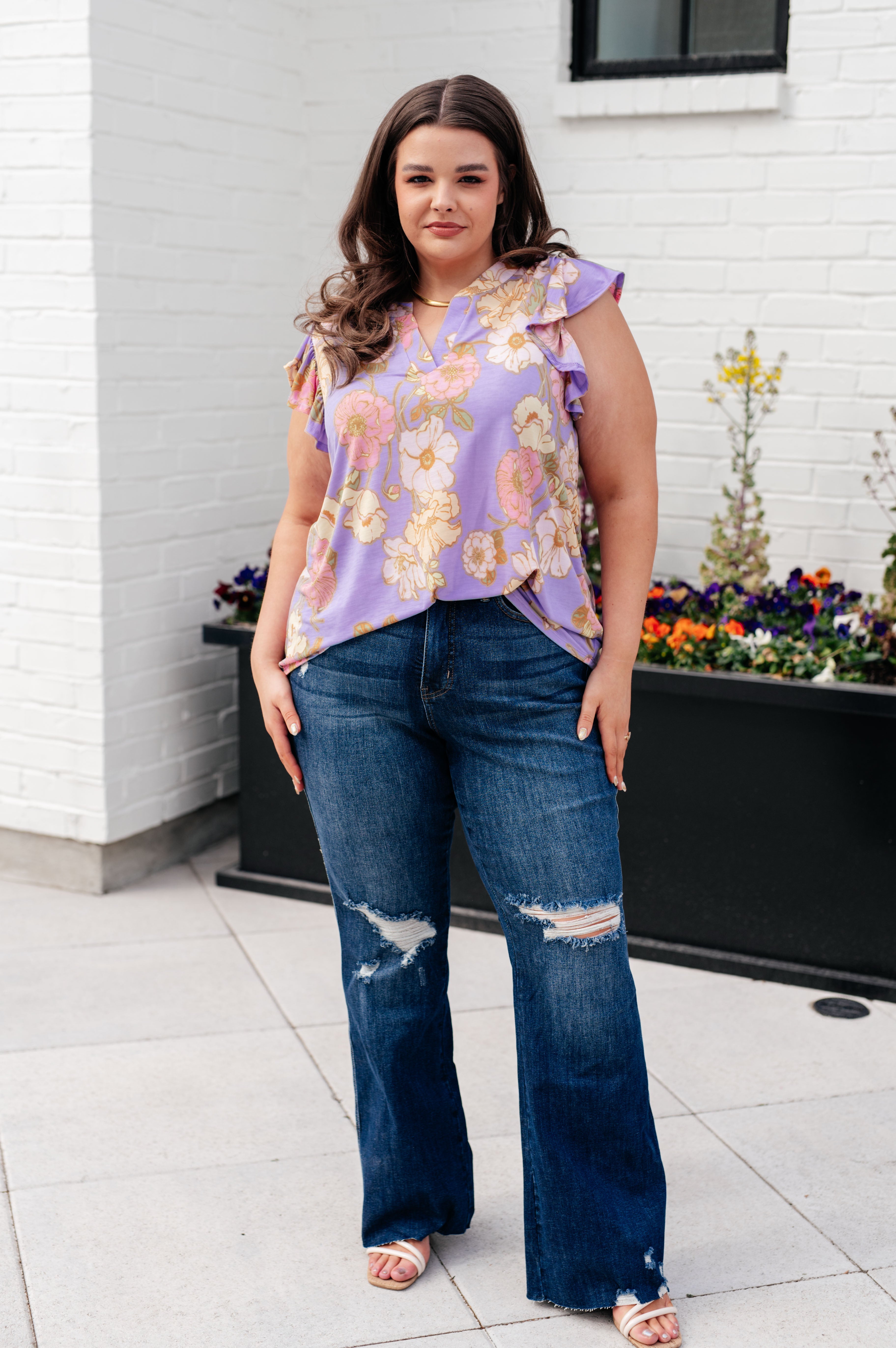 Lizzy Flutter Sleeve Top in Lavender French Floral Tops Ave Shops   