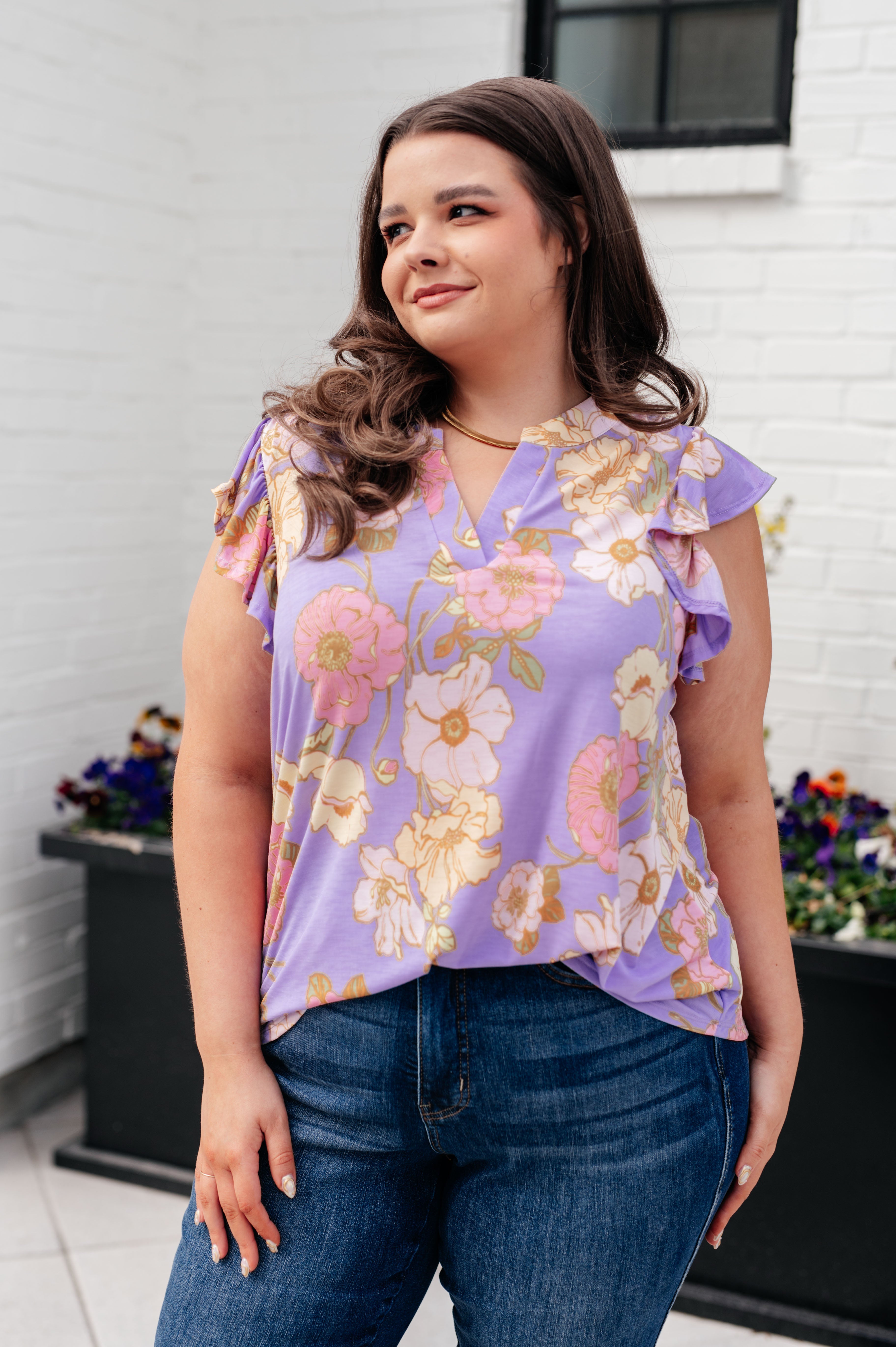 Lizzy Flutter Sleeve Top in Lavender French Floral Tops Ave Shops   