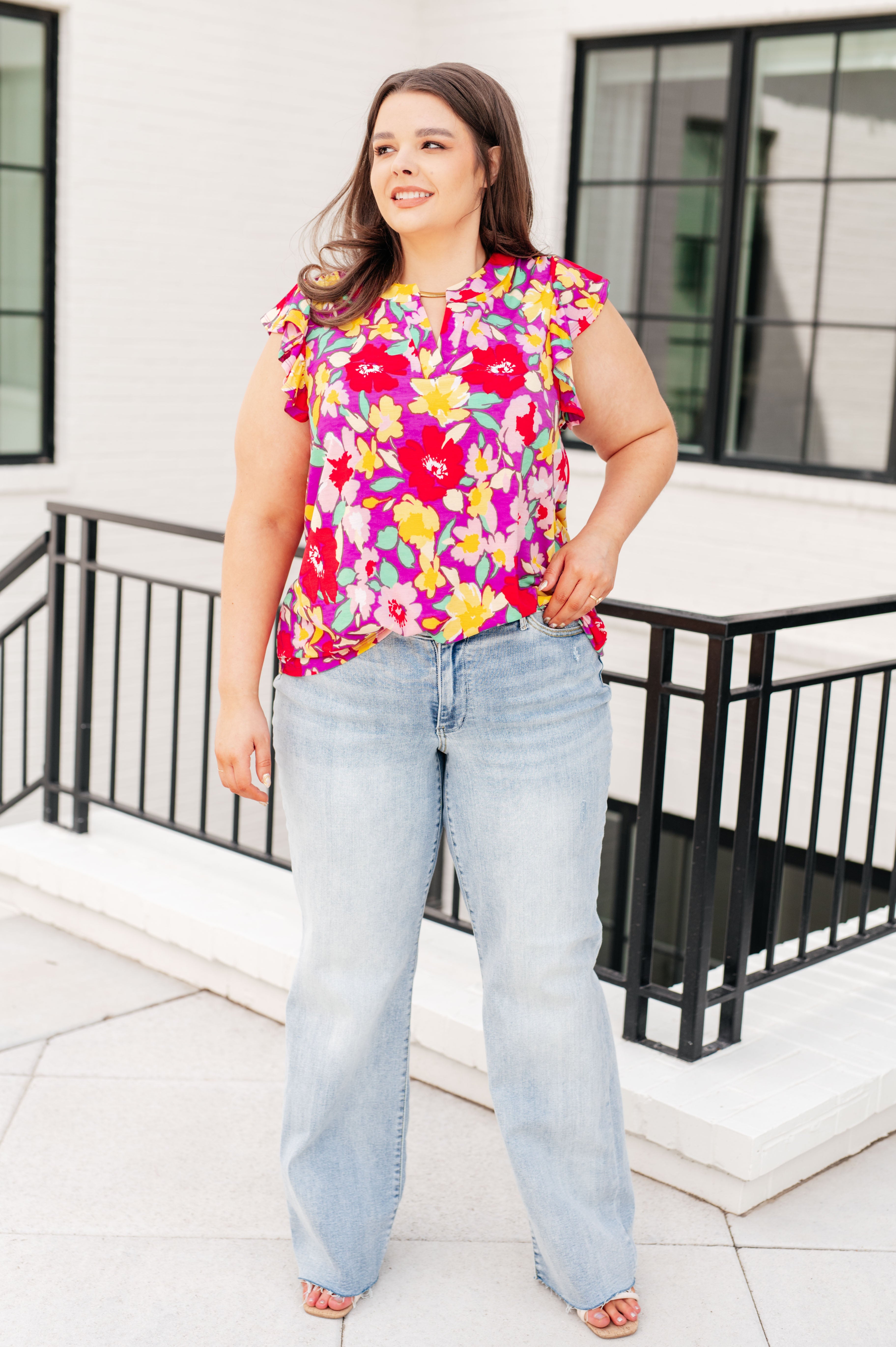 Lizzy Flutter Sleeve Top in Magenta and Yellow Floral Tops Ave Shops   