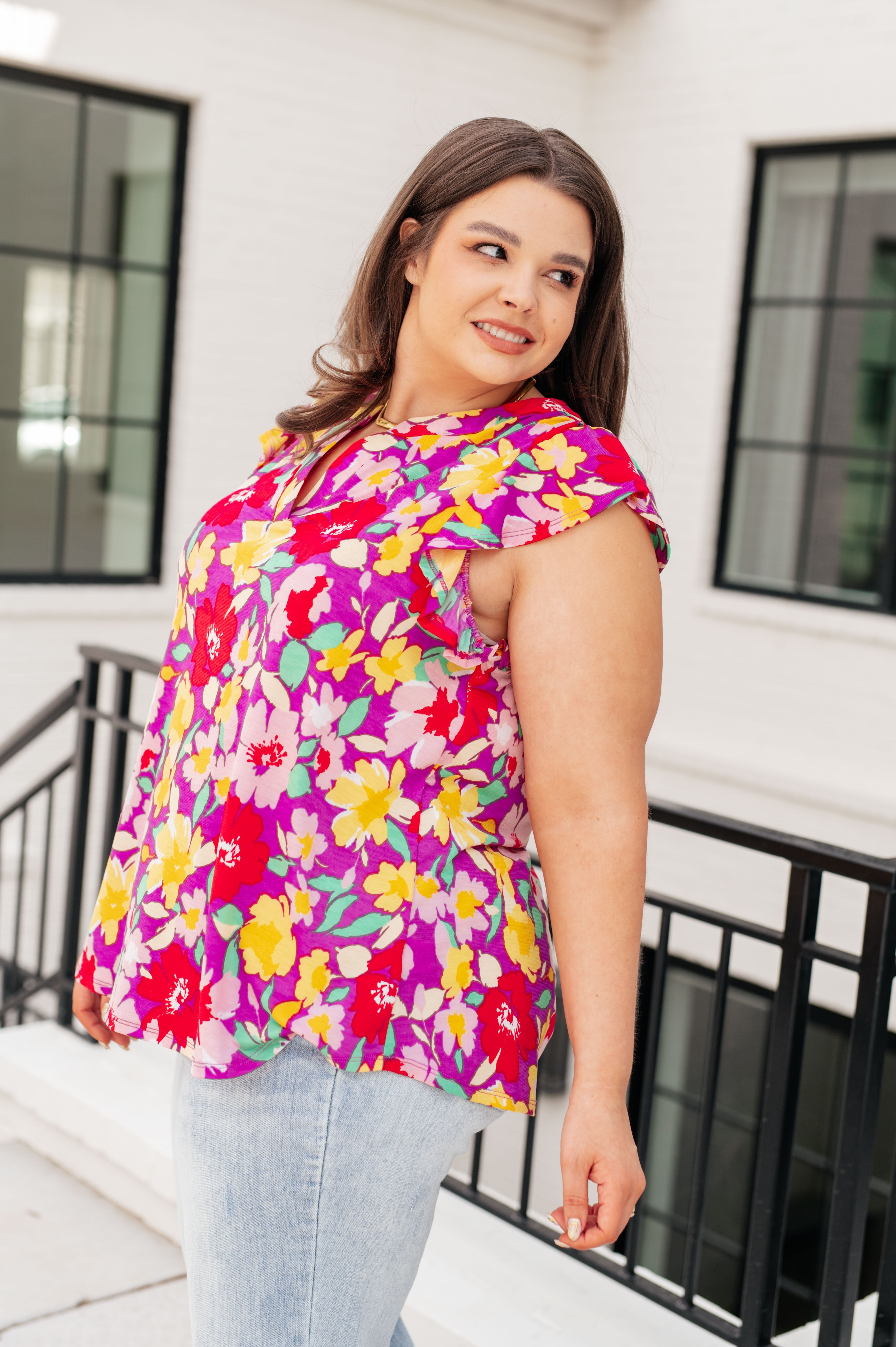 Lizzy Flutter Sleeve Top in Magenta and Yellow Floral Tops Ave Shops   