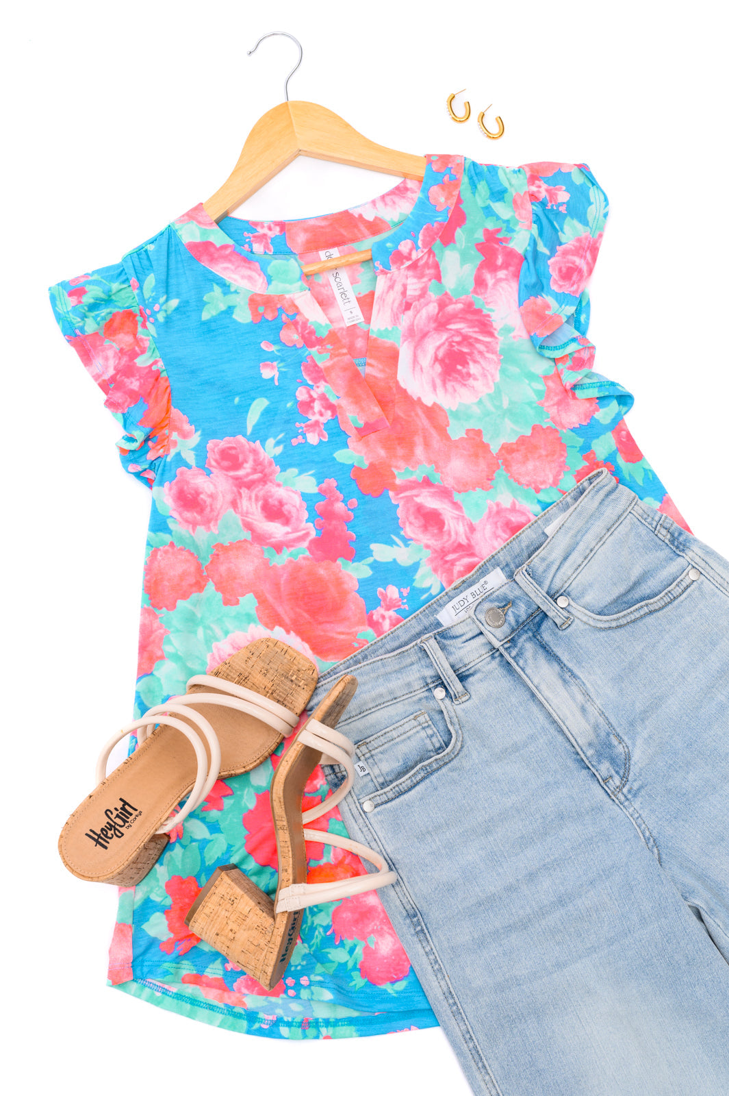 Lizzy Flutter Sleeve Top in Blue and Pink Roses Tops Ave Shops   