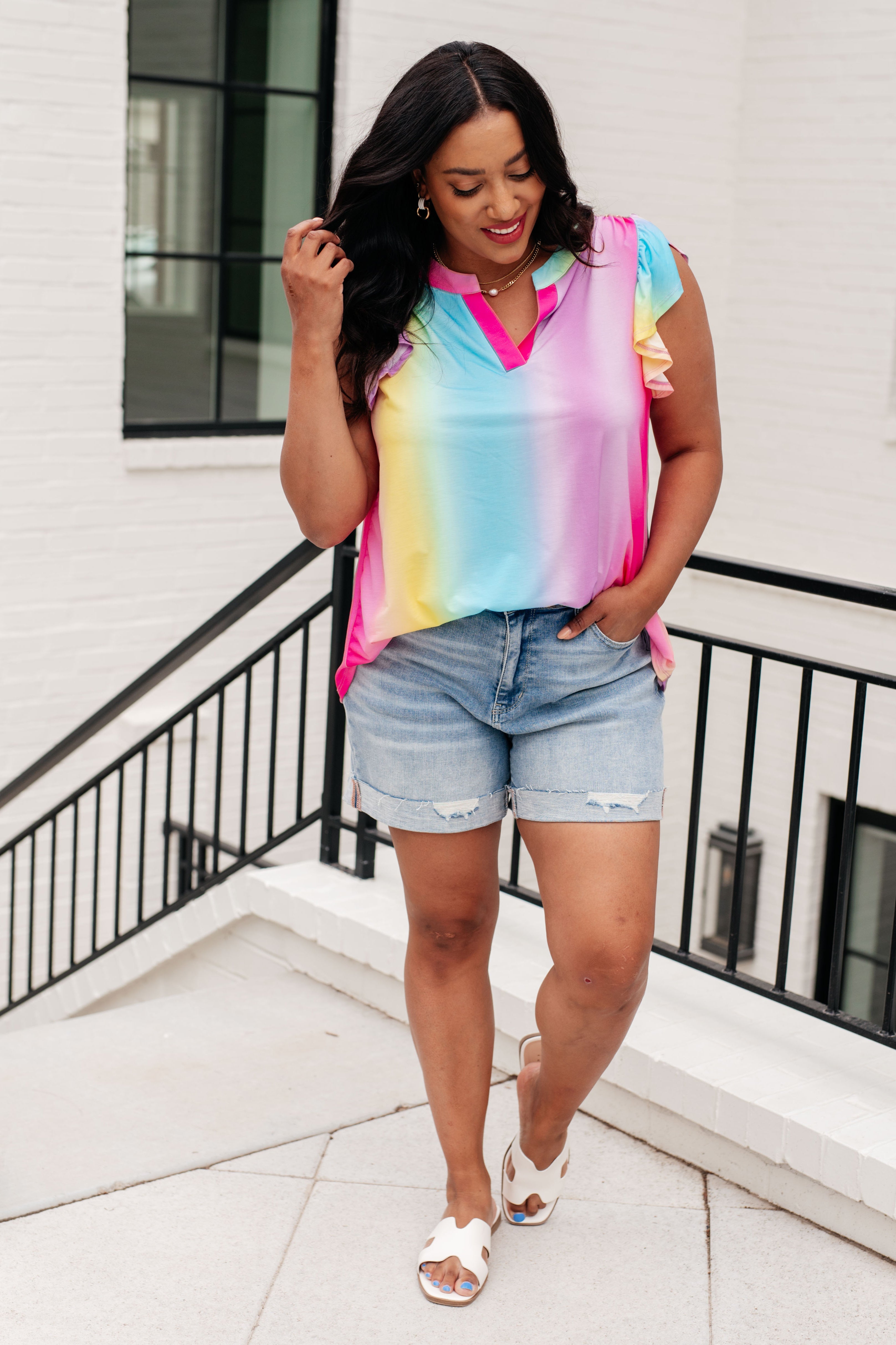 Lizzy Flutter Sleeve Top in Ombre Rainbow Tops Ave Shops   