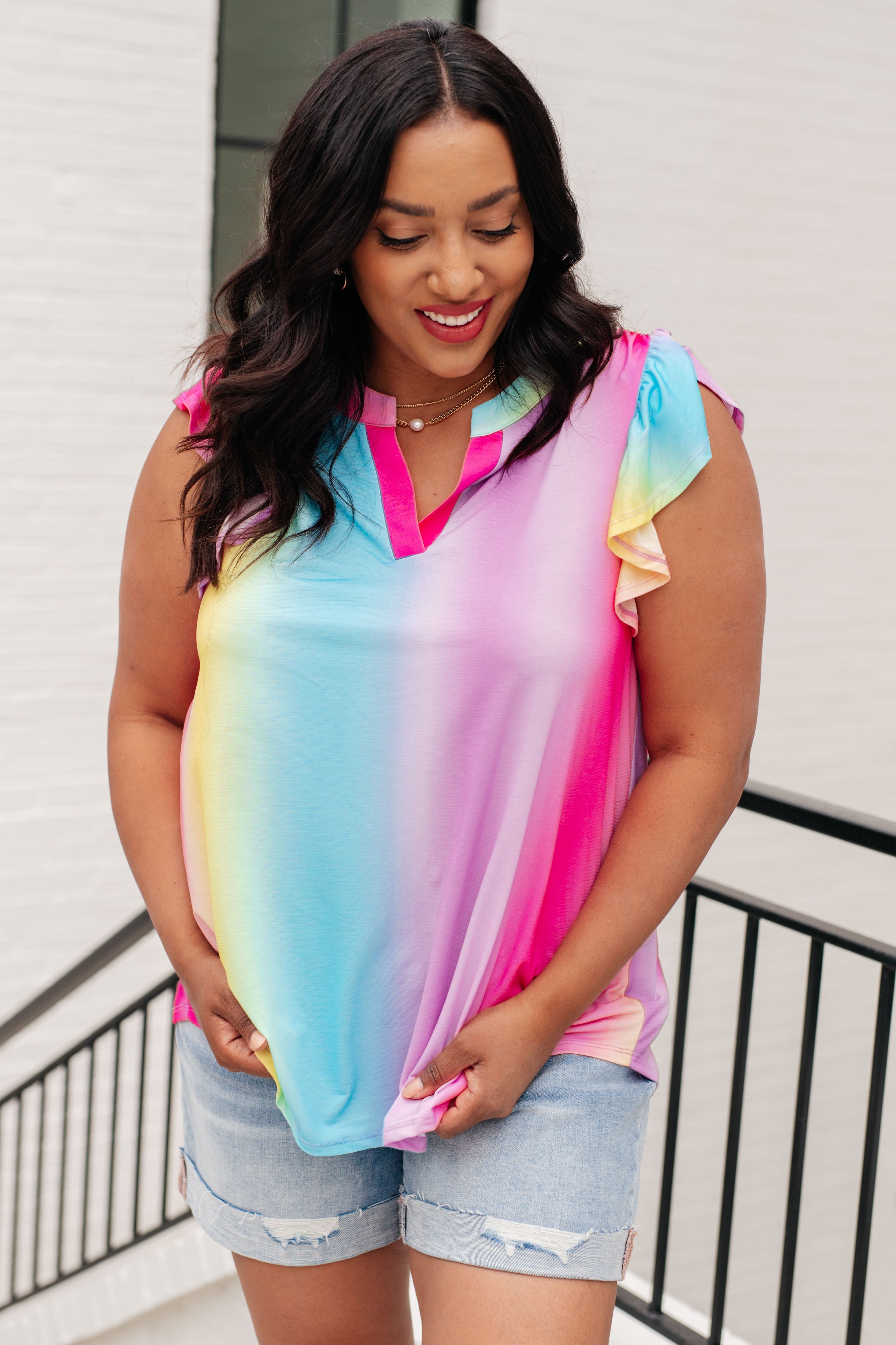 Lizzy Flutter Sleeve Top in Ombre Rainbow Tops Ave Shops   