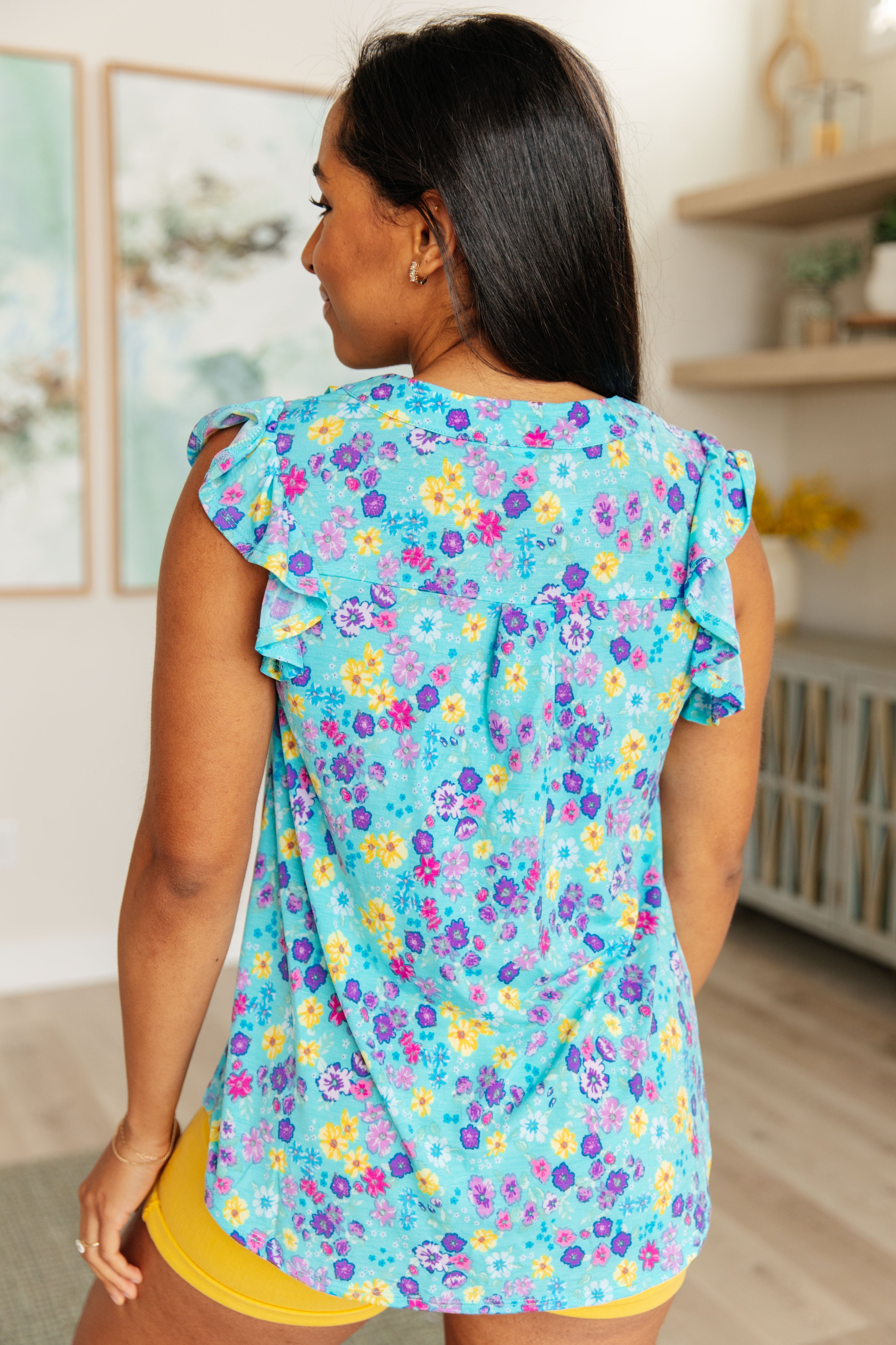 Lizzy Flutter Sleeve Top in Teal and Purple Floral Tops Ave Shops   