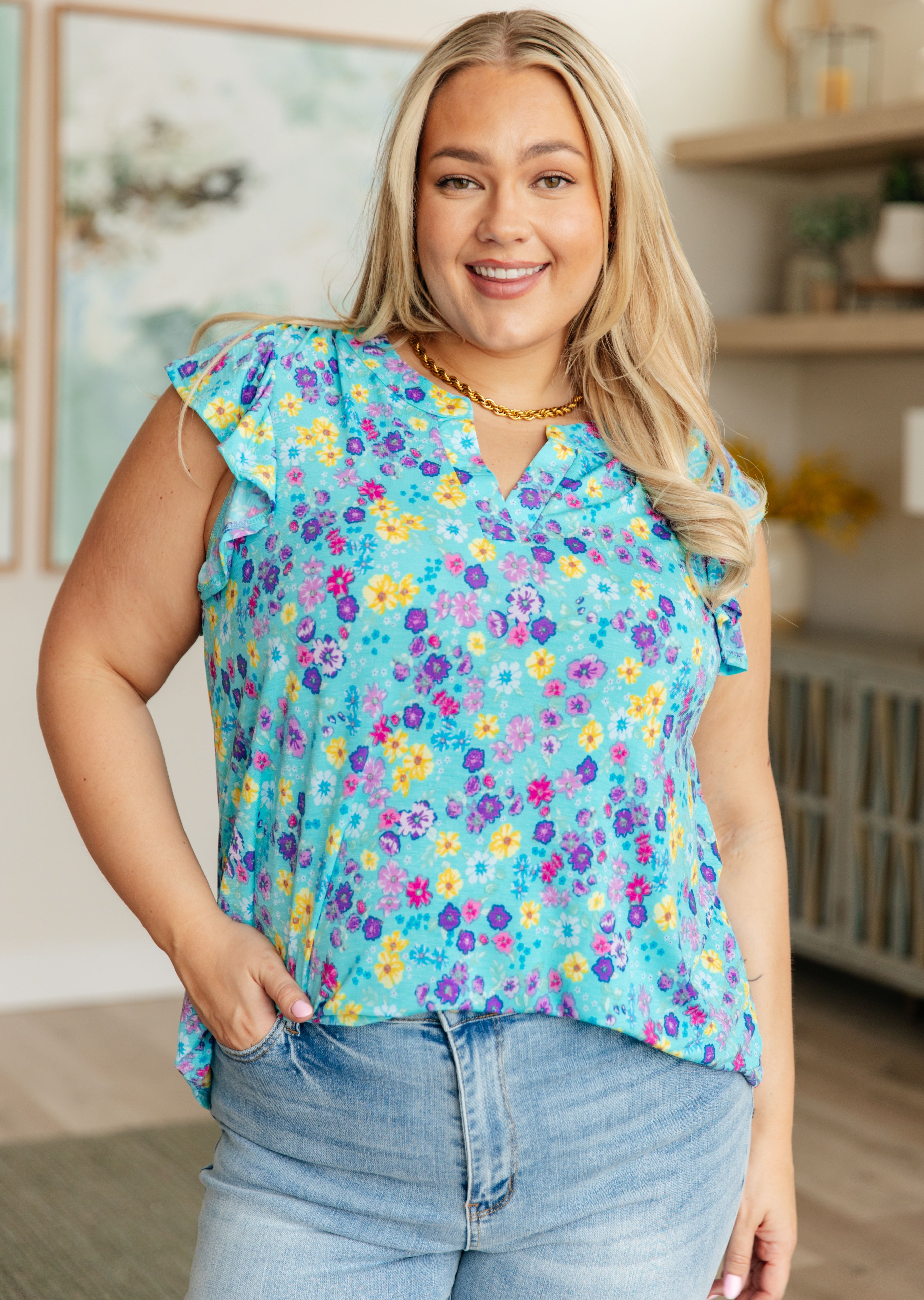Lizzy Flutter Sleeve Top in Teal and Purple Floral Tops Ave Shops   