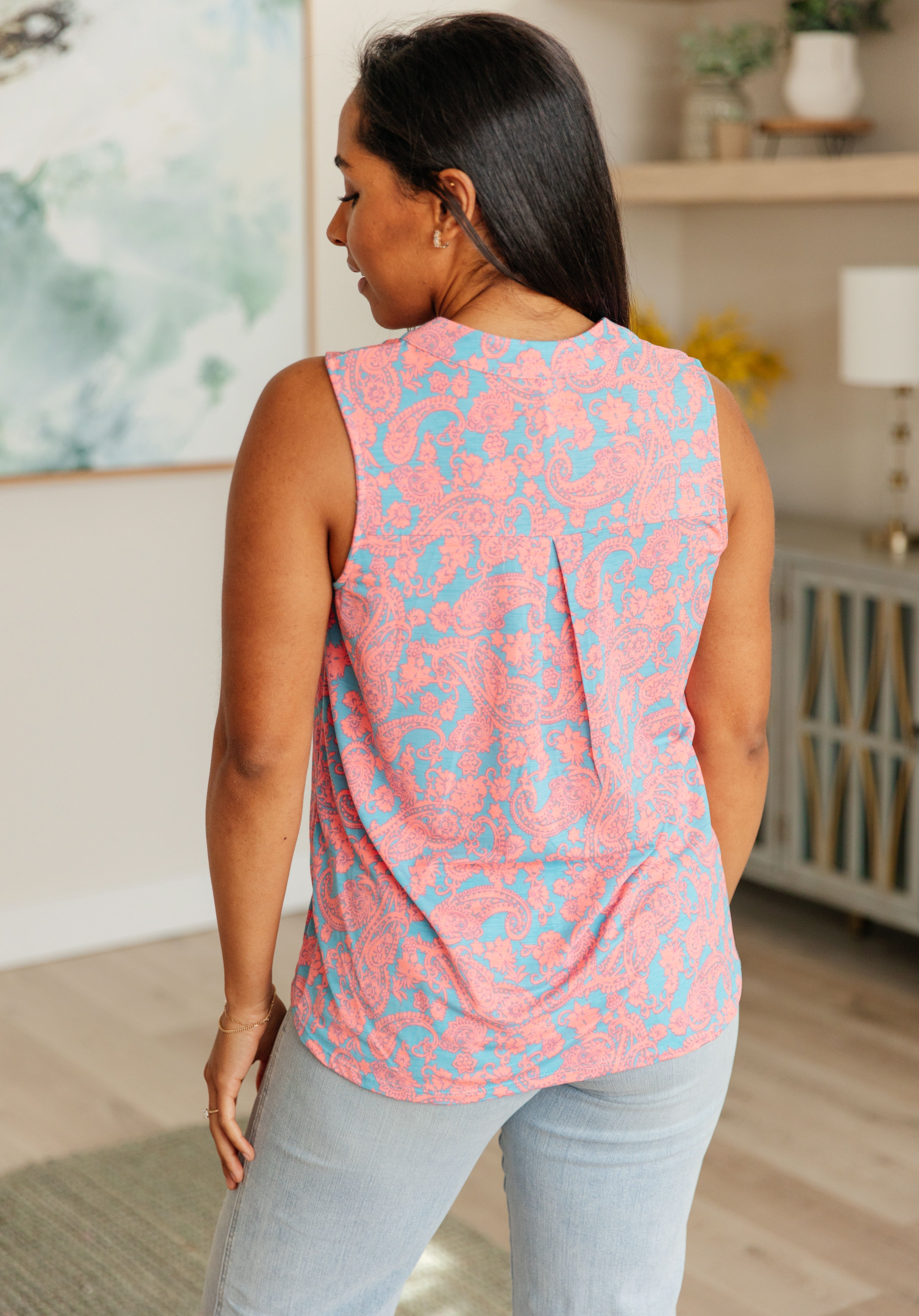 Lizzy Tank Top in Blue and Apricot Paisley Tops Ave Shops   