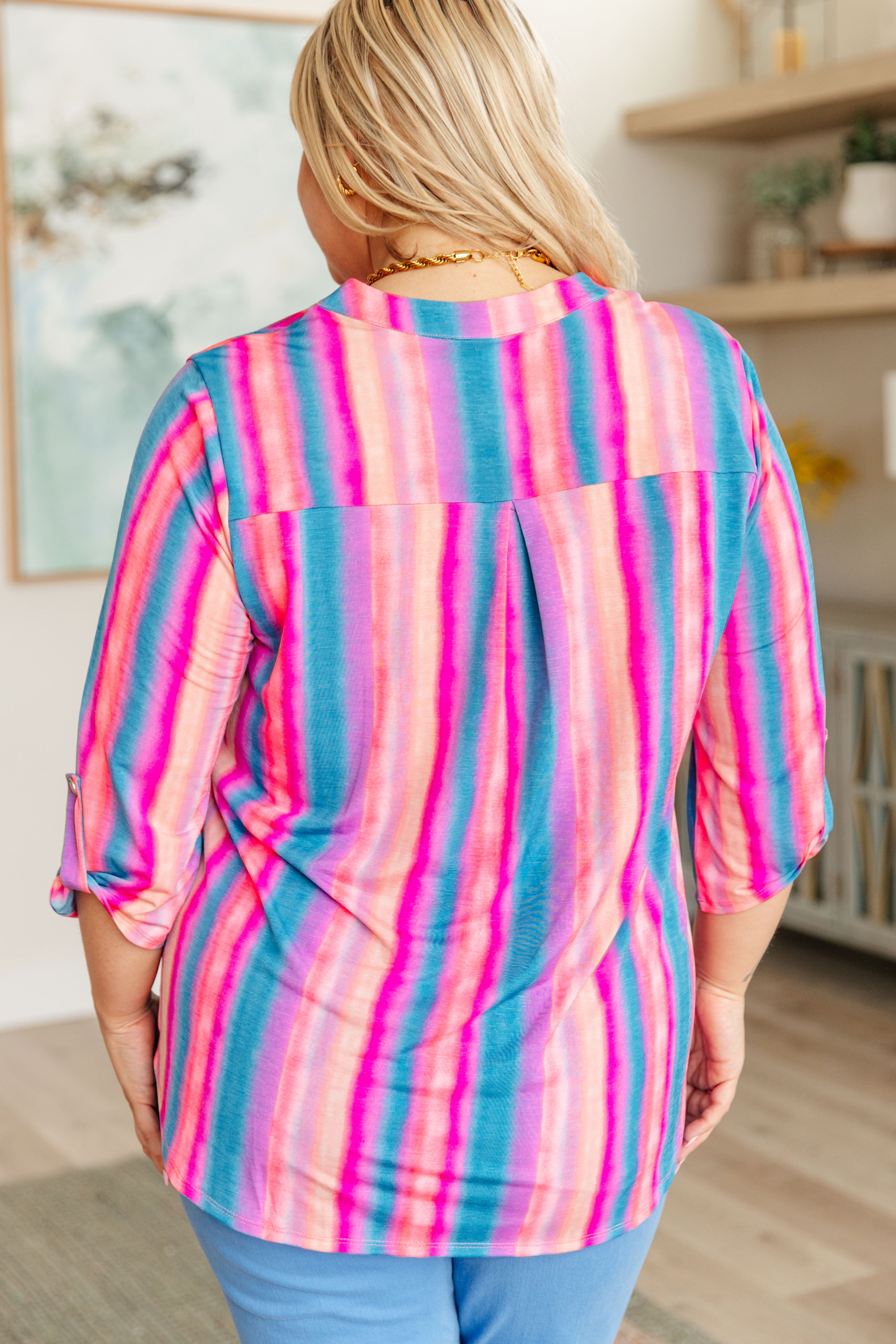 Lizzy Top in Blue and Pink Stripe Tops Ave Shops   