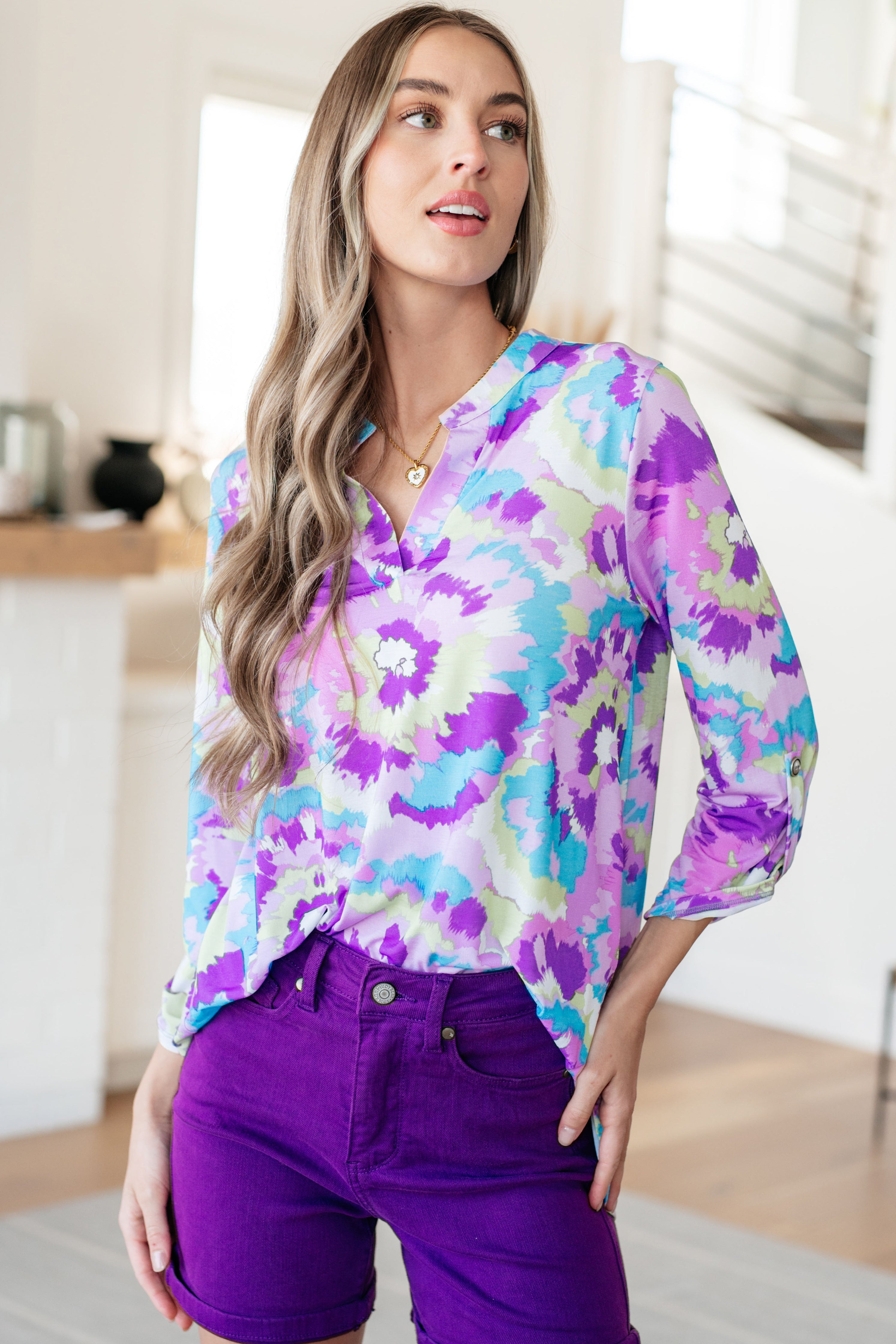 Lizzy Top in Lavender and Purple Brush Strokes Tops Ave Shops   