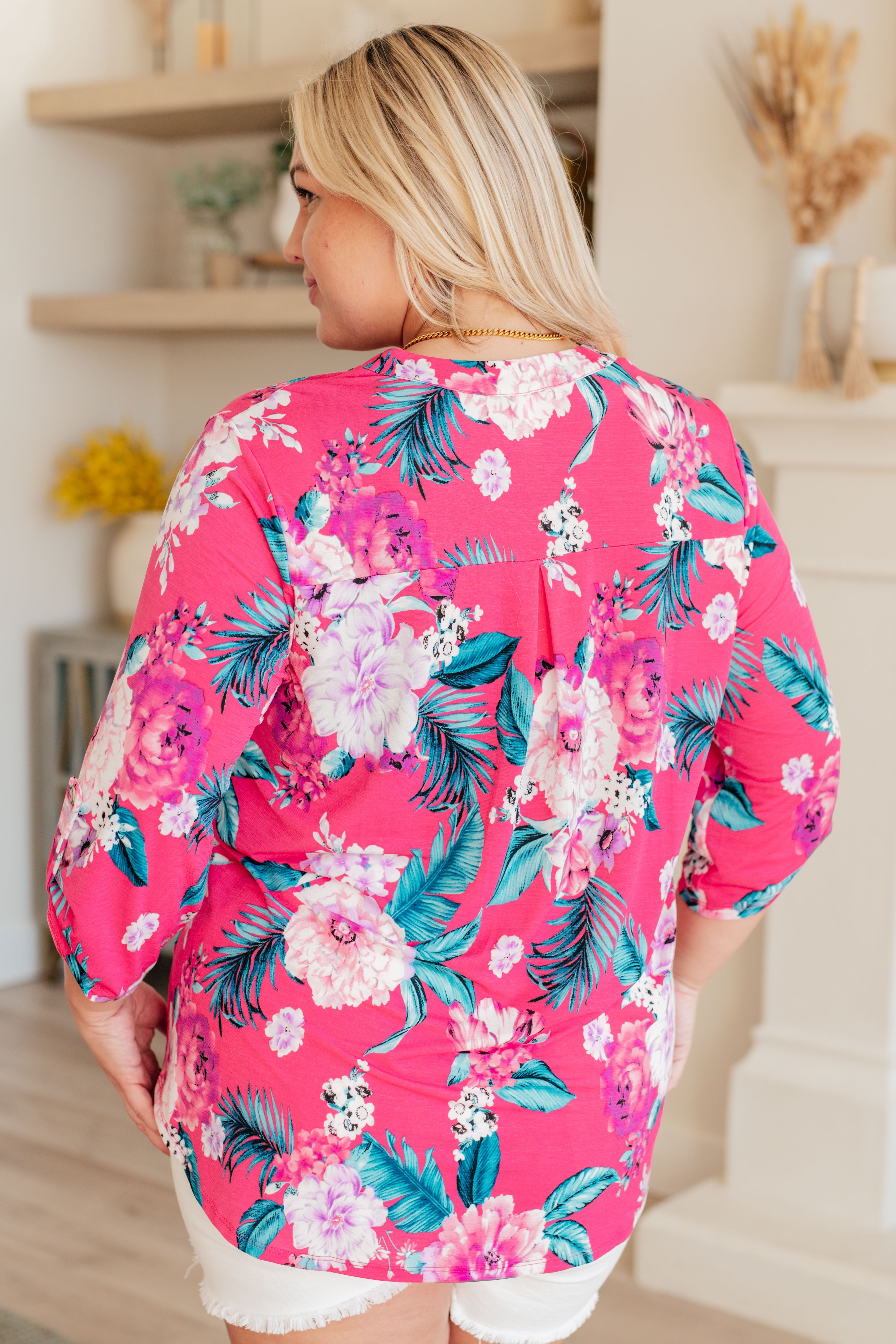 Lizzy Top in Magenta and Teal Tropical Floral Tops Ave Shops   