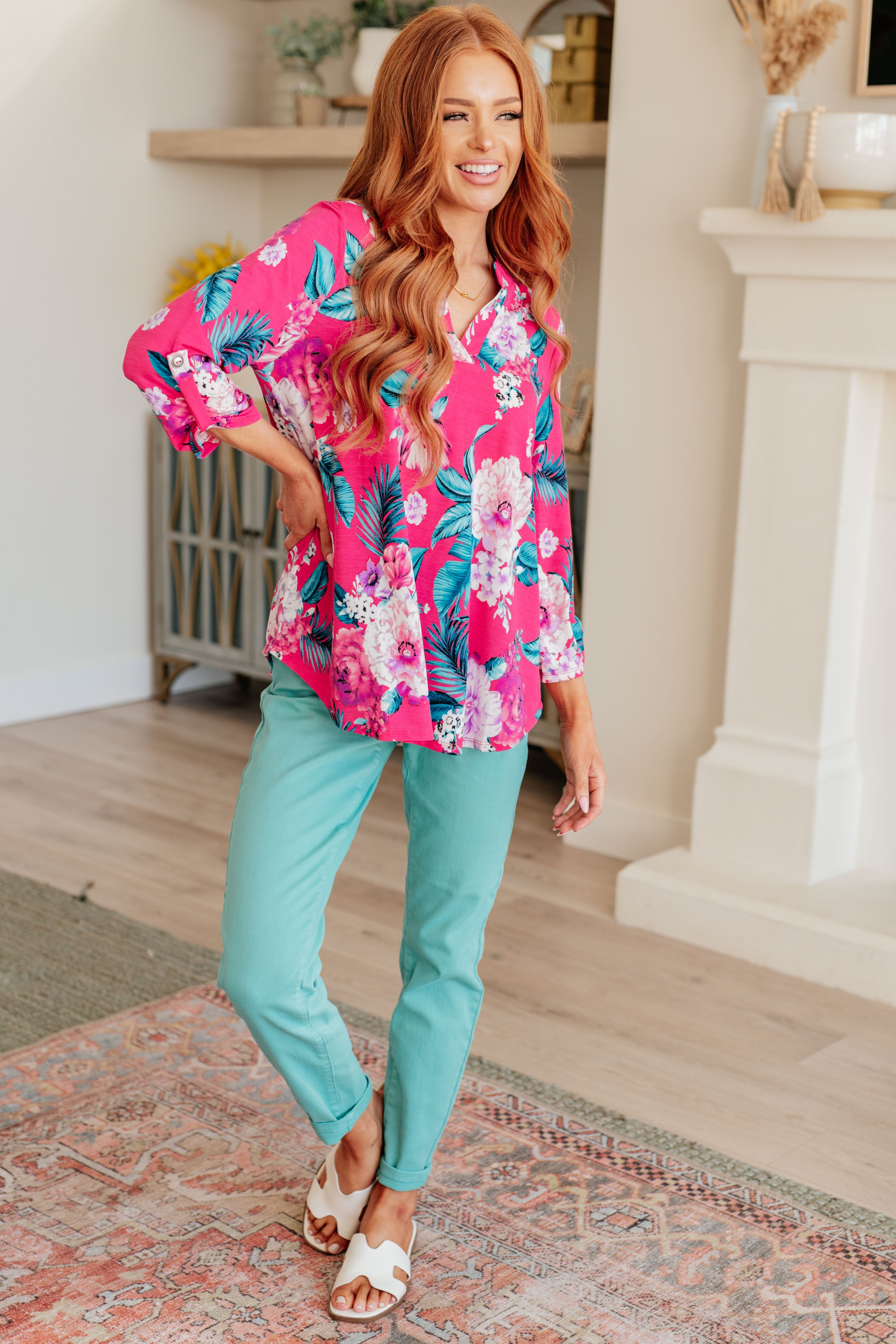 Lizzy Top in Magenta and Teal Tropical Floral Tops Ave Shops   