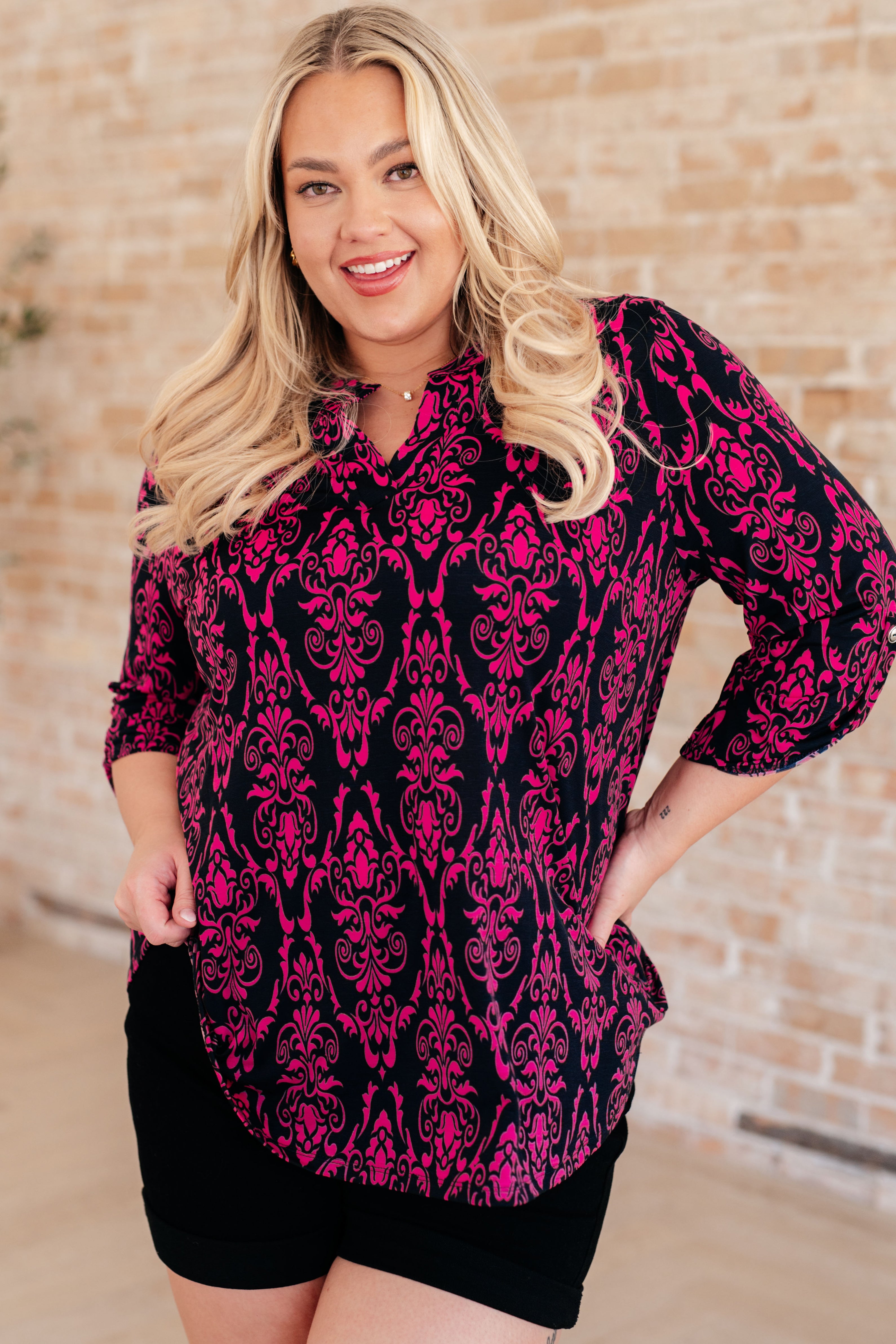 Lizzy Top in Navy and Hot Pink Damask Tops Ave Shops   