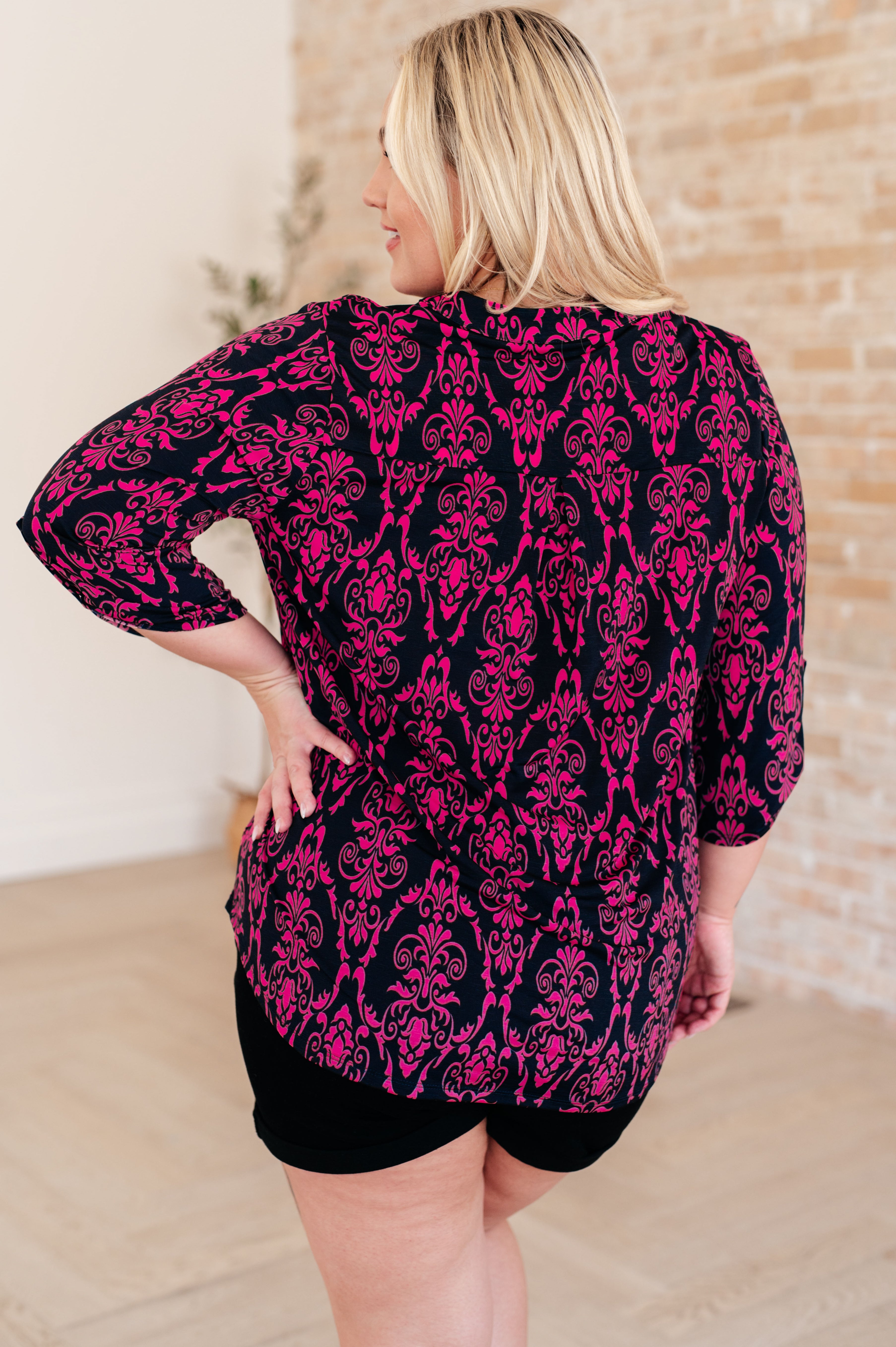 Lizzy Top in Navy and Hot Pink Damask Tops Ave Shops   