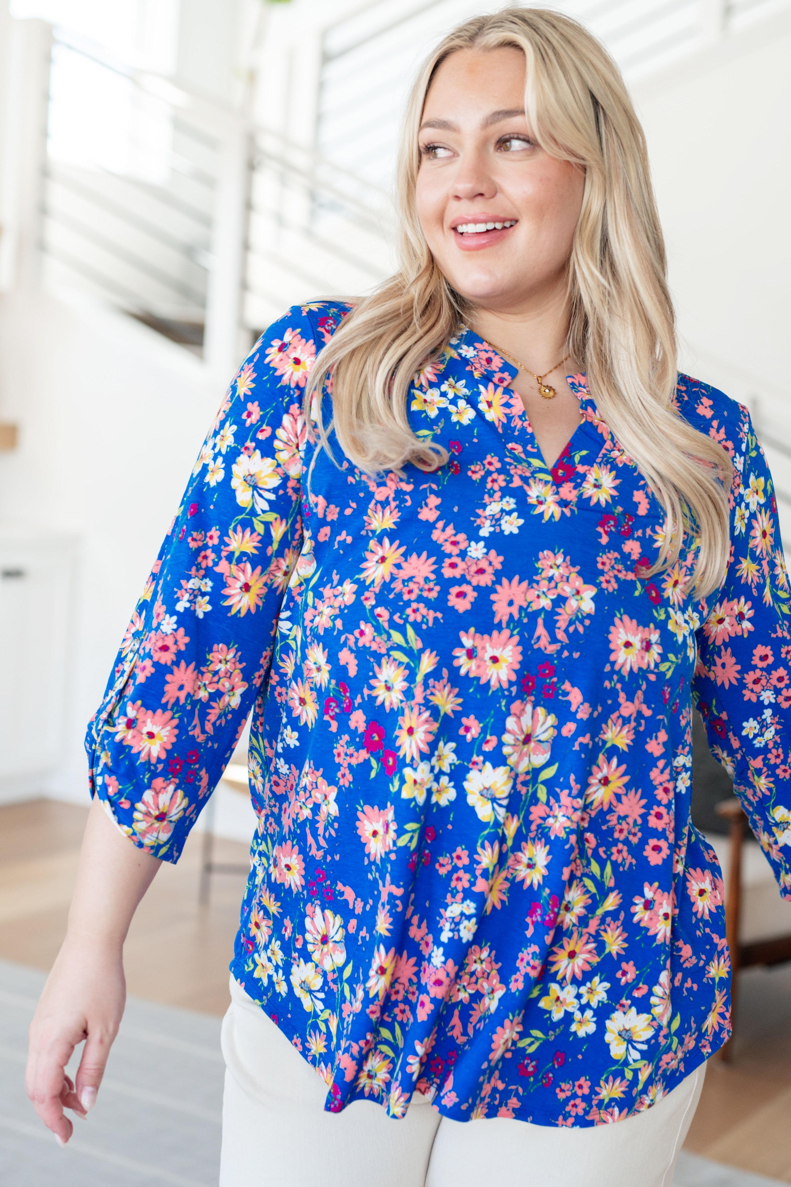 Lizzy Top in Royal and Blush Floral Tops Ave Shops   