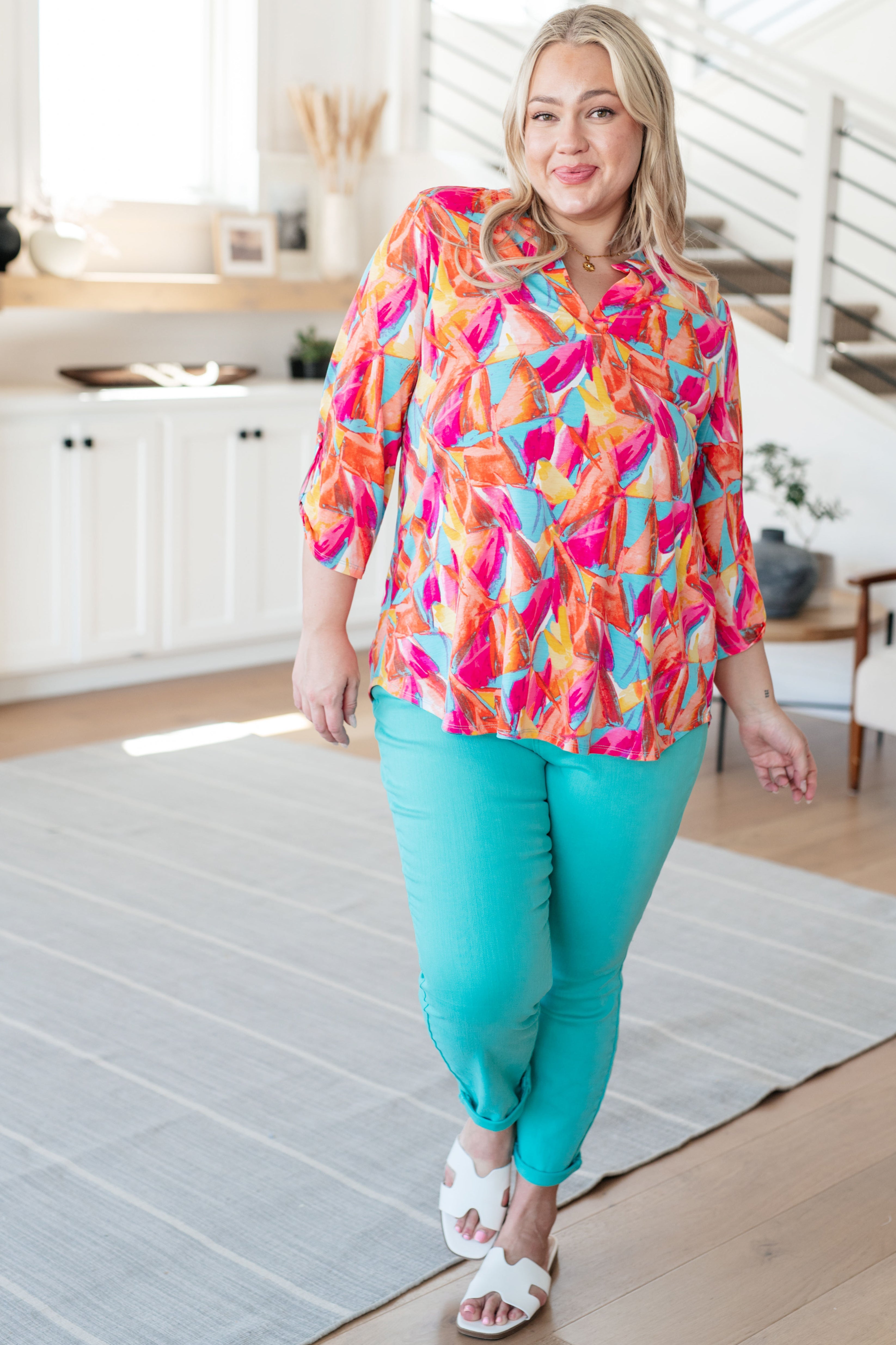 Lizzy Top in Teal and Hot Pink Abstract Fans Tops Ave Shops   