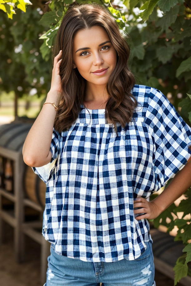 Navy Plaid Short Sleeve Top  OOTD Boutique Simplified   