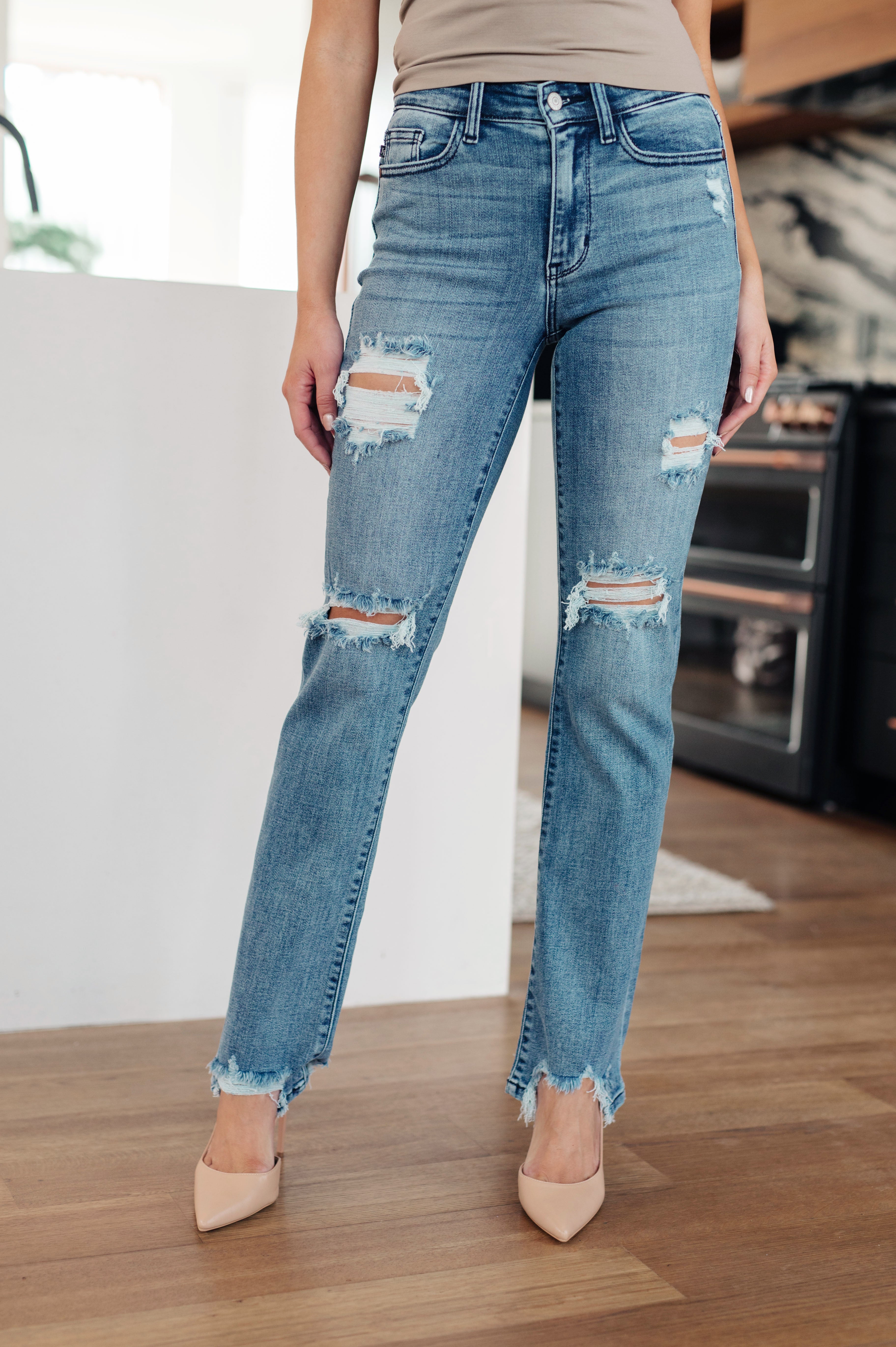 O'Hara Mid Rise Destroyed Straight Jeans in Medium Wash Womens Ave Shops   