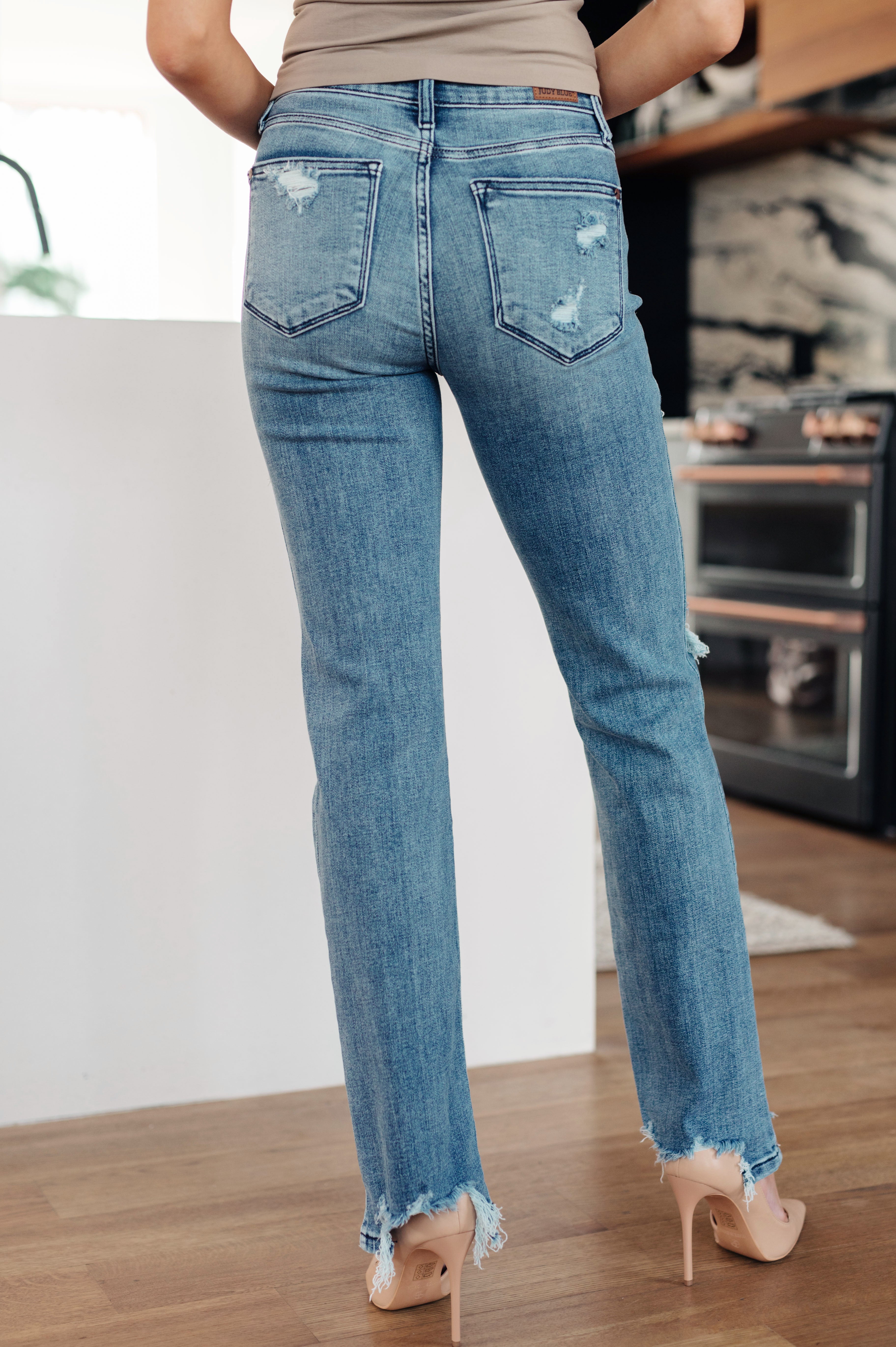 O'Hara Mid Rise Destroyed Straight Jeans in Medium Wash Womens Ave Shops   