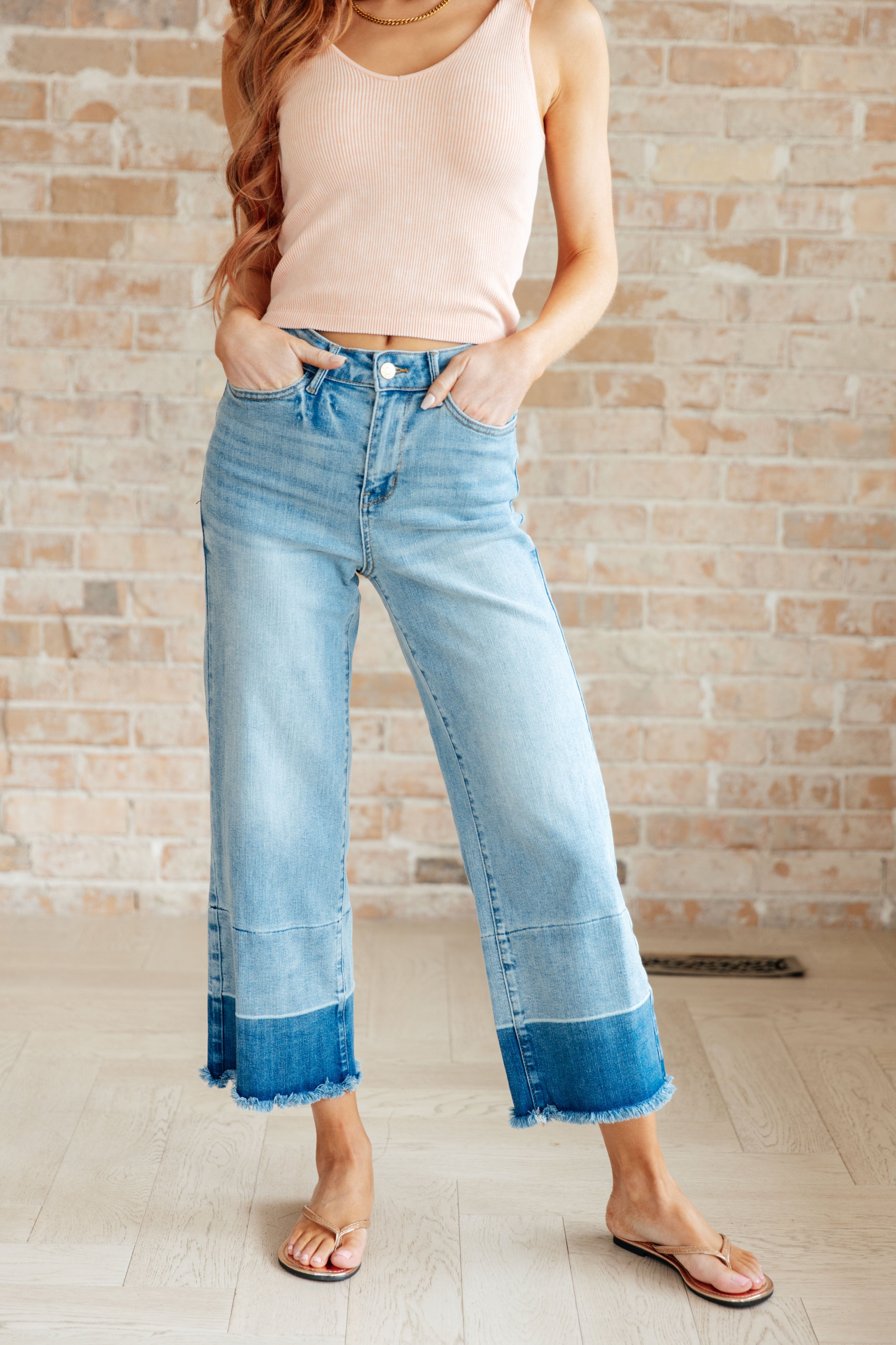 Olivia High Rise Wide Leg Crop Jeans in Medium Wash Bottoms Ave Shops   