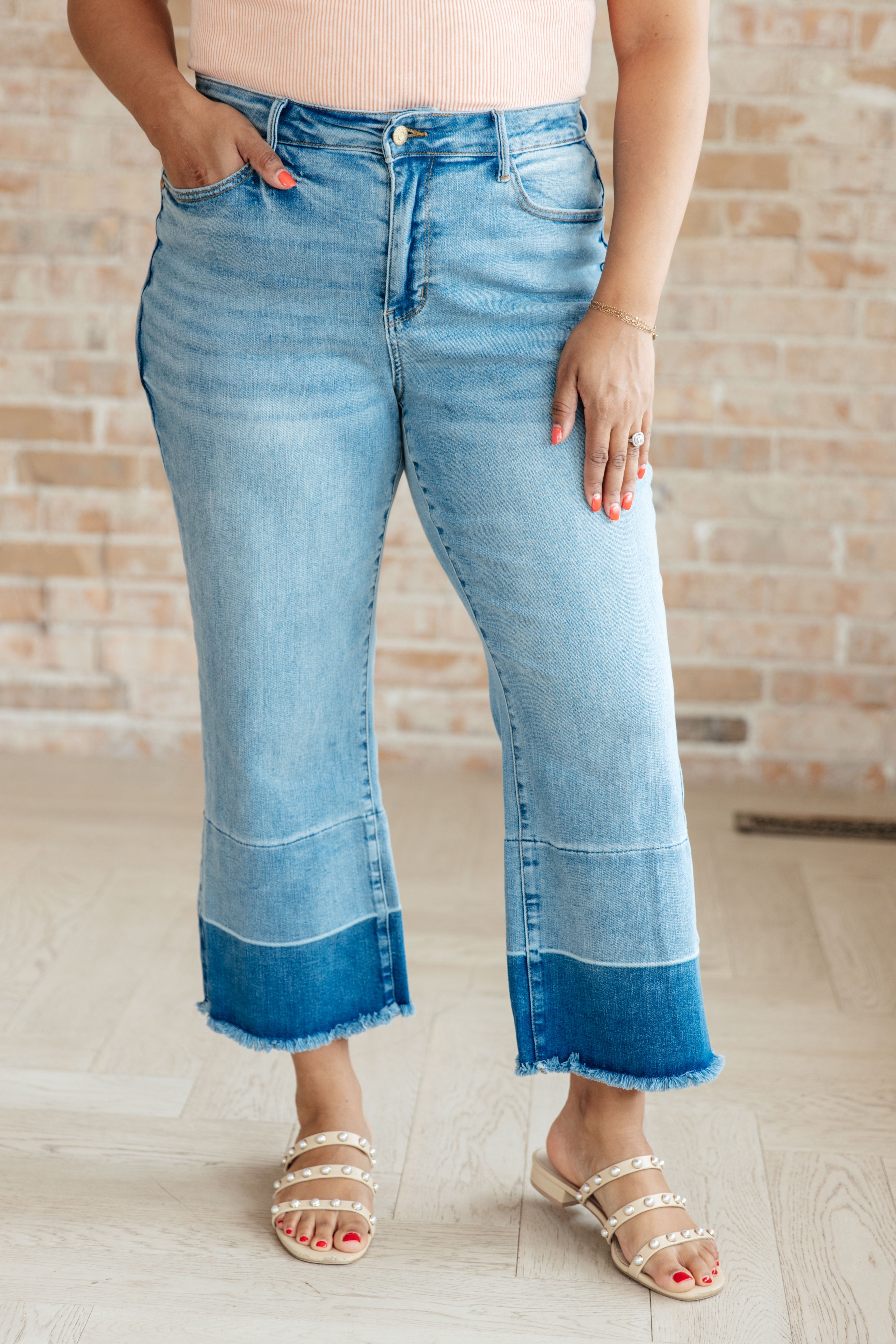 Olivia High Rise Wide Leg Crop Jeans in Medium Wash Bottoms Ave Shops   