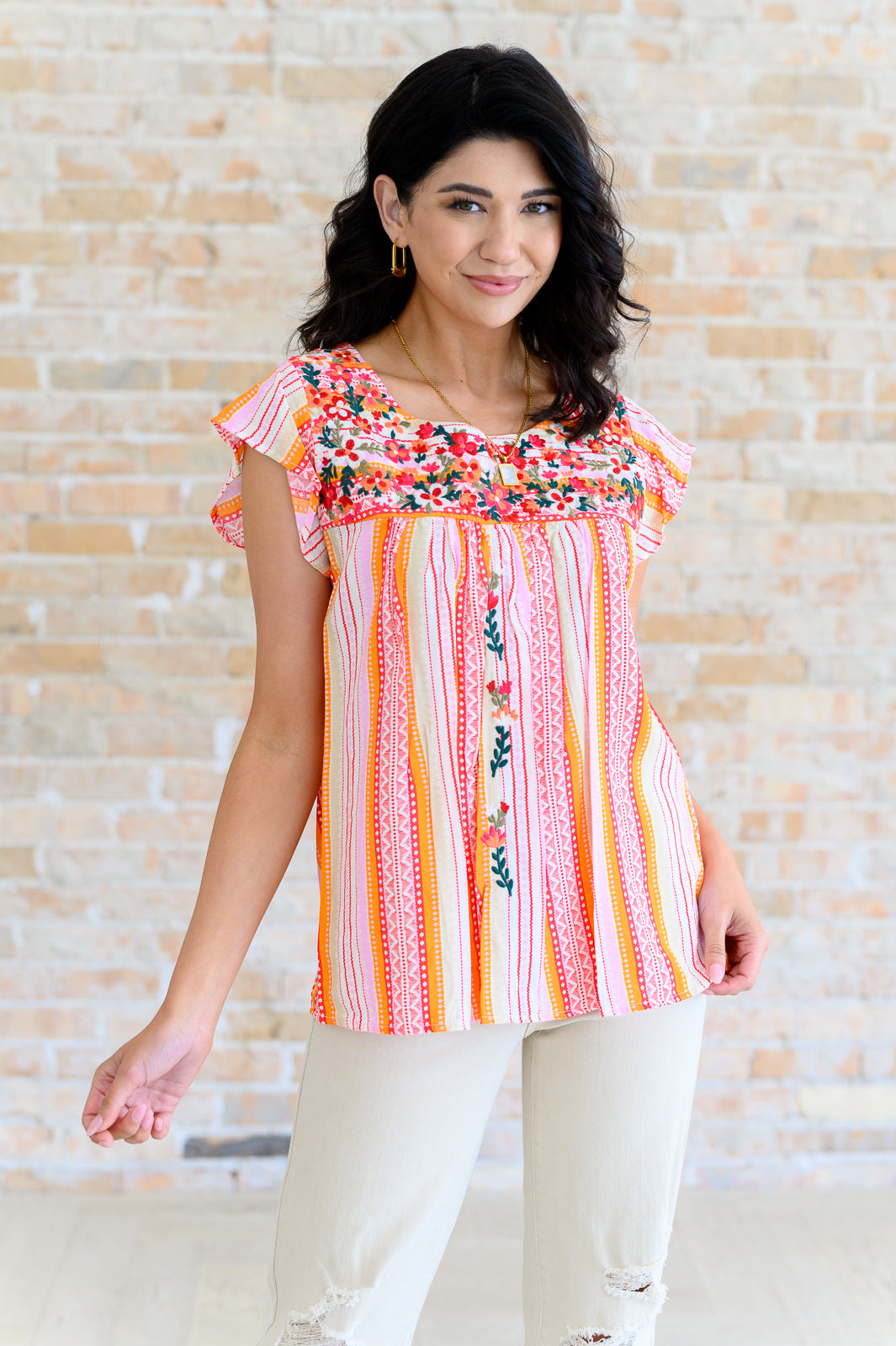 Orange Blossoms Flutter Sleeve Blouse Tops Ave Shops   