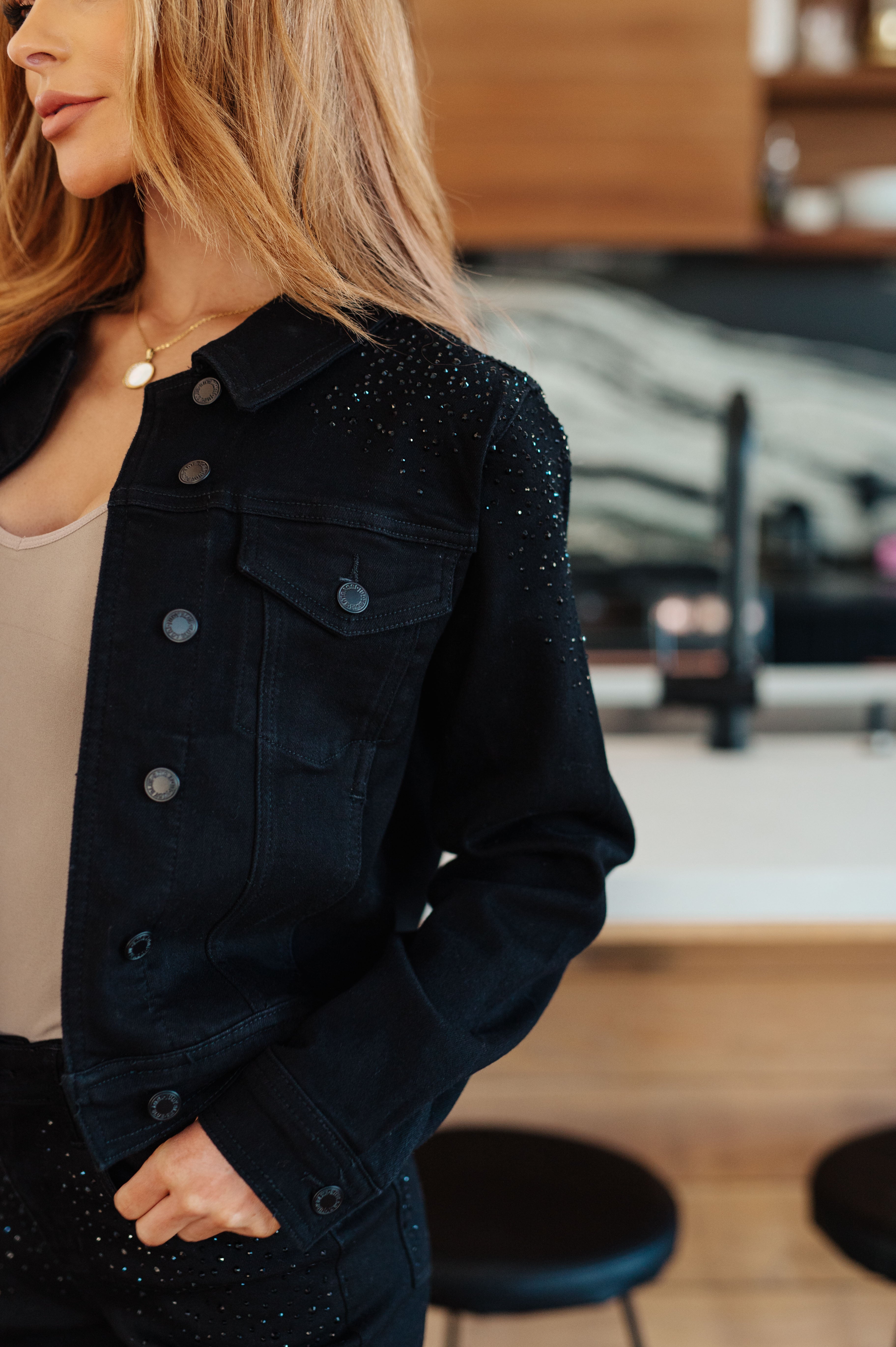 Reese Rhinestone Denim Jacket in Black Womens Ave Shops   