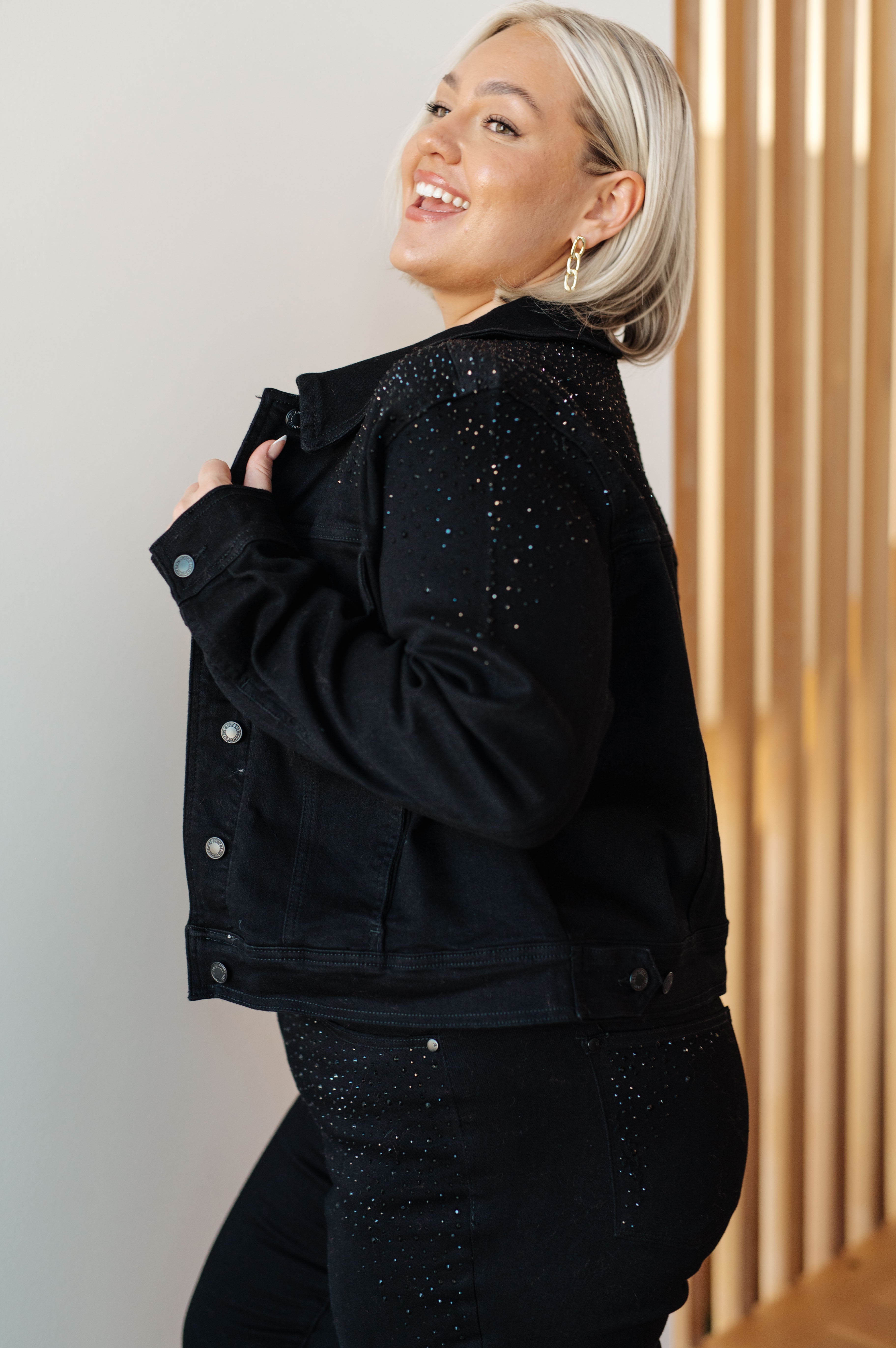 Reese Rhinestone Denim Jacket in Black Womens Ave Shops   