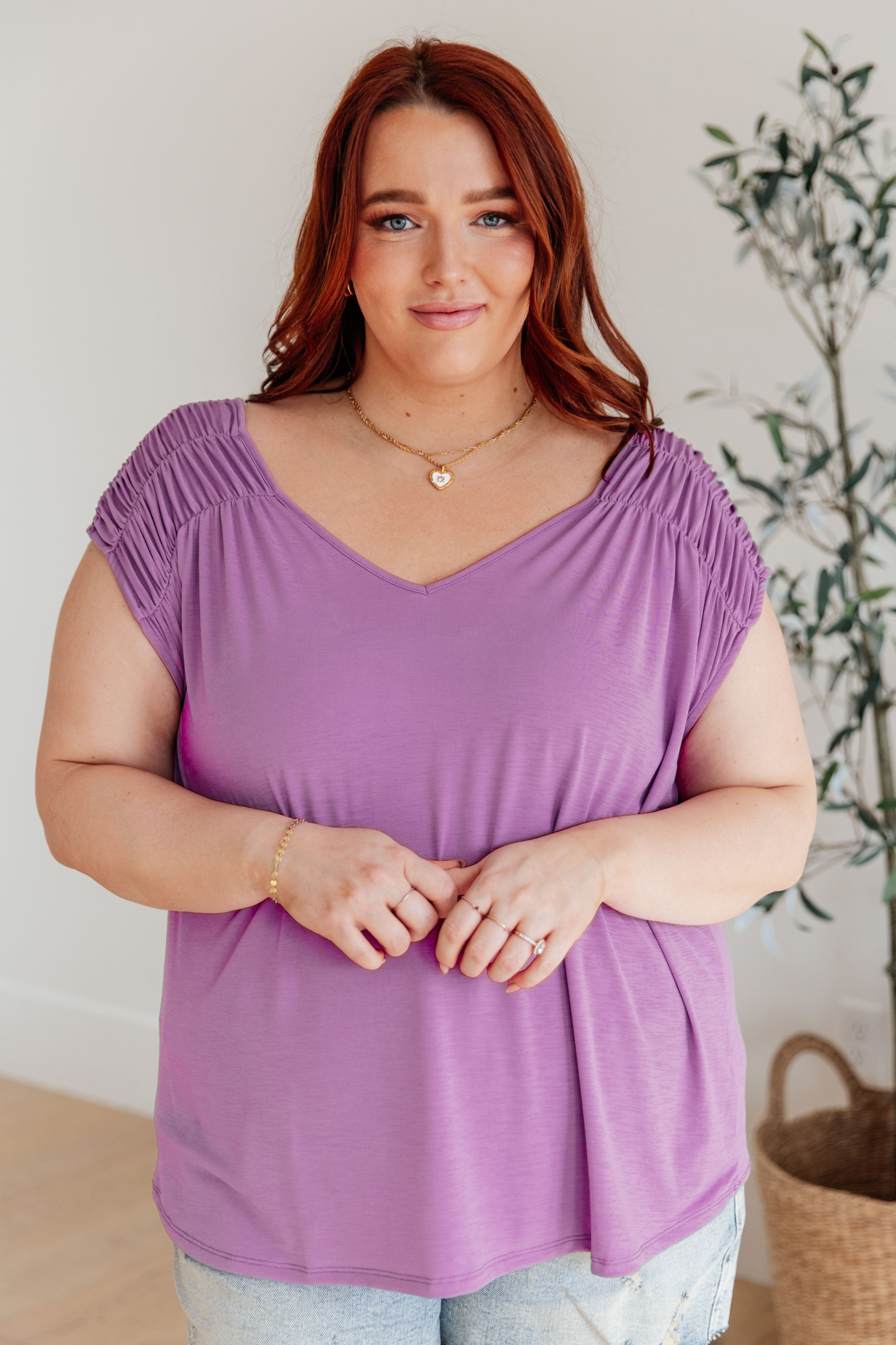 Ruched Cap Sleeve Top in Lavender Womens Ave Shops   