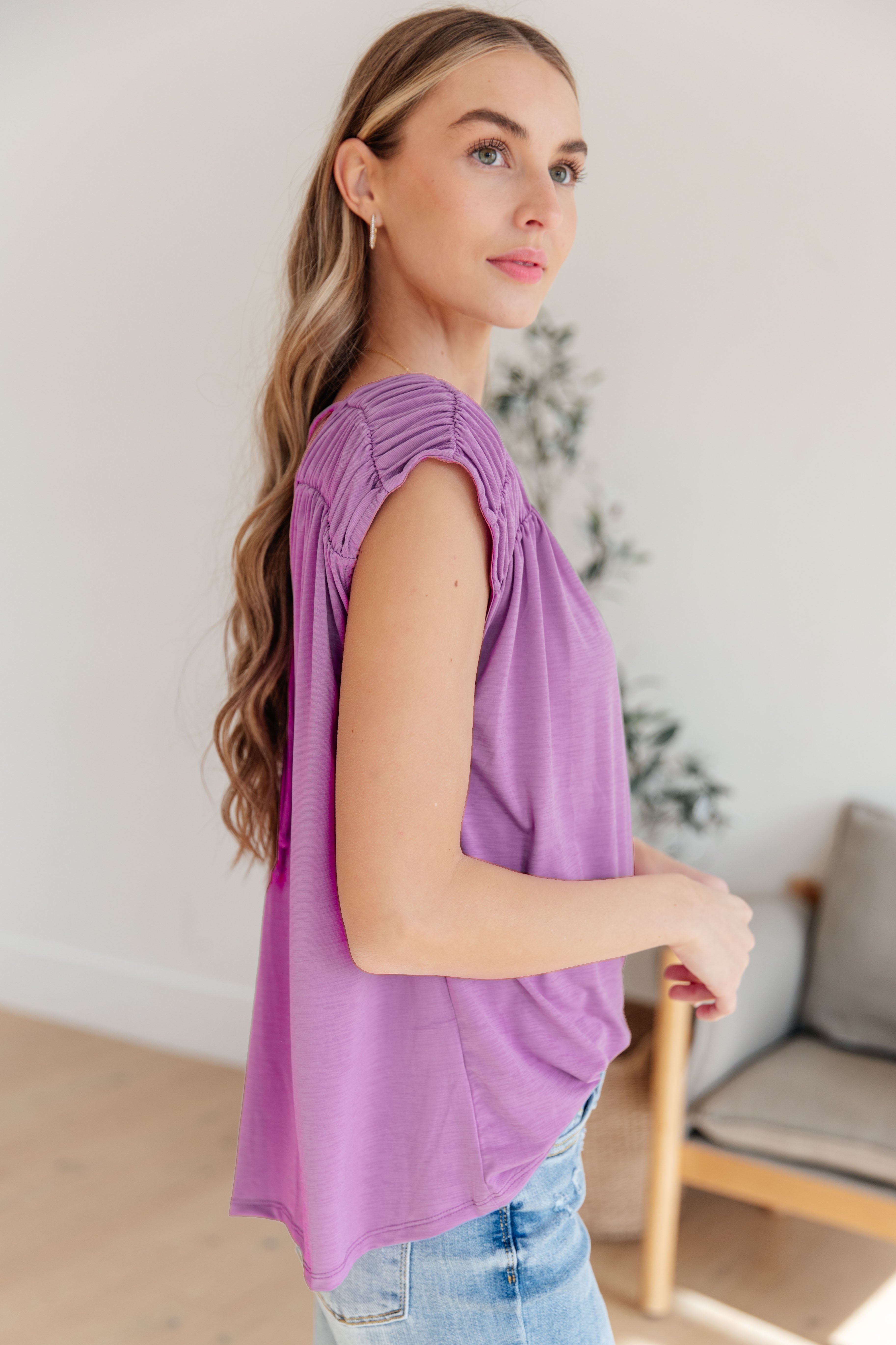 Ruched Cap Sleeve Top in Lavender Womens Ave Shops   