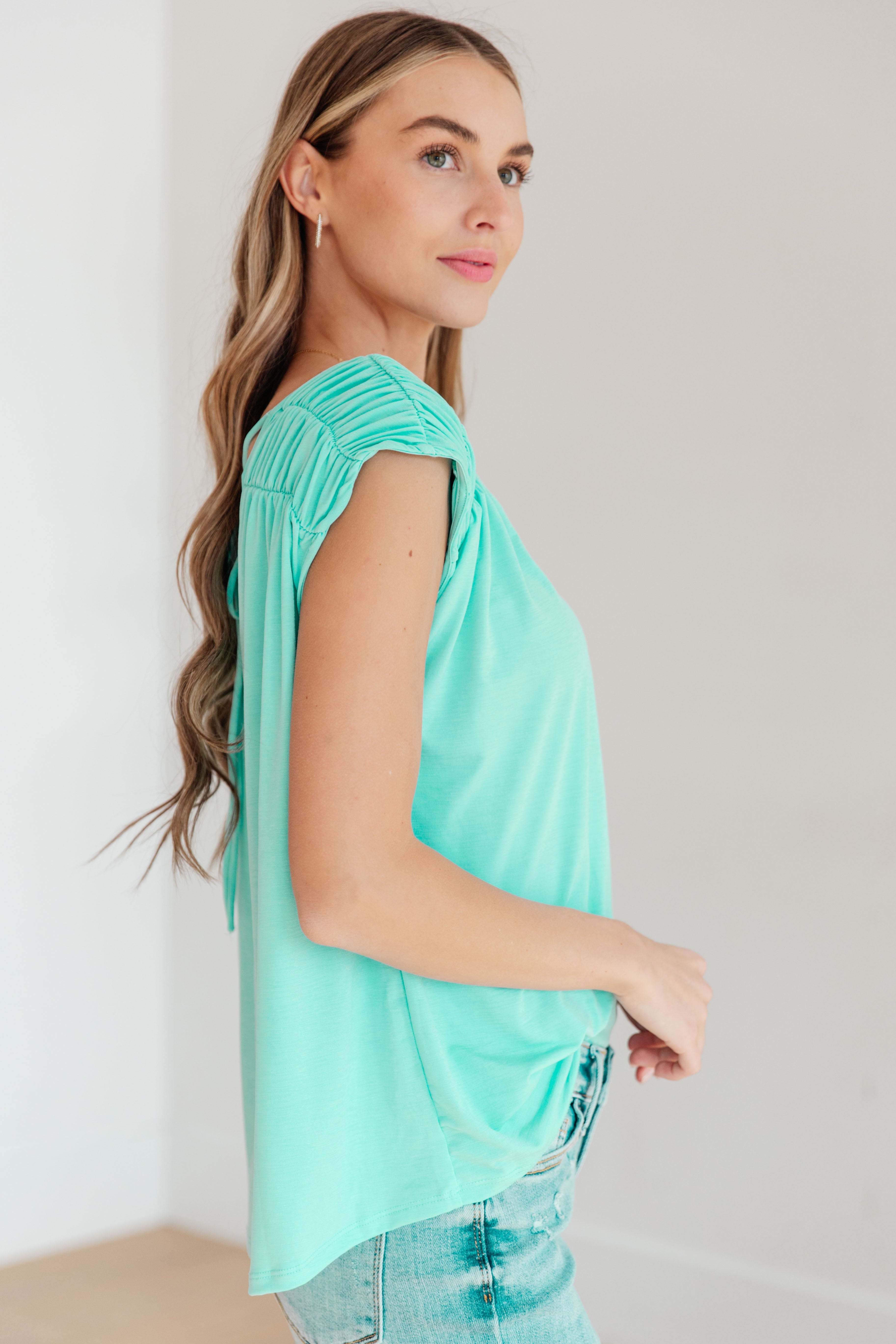 Ruched Cap Sleeve Top in Neon Blue Womens Ave Shops   