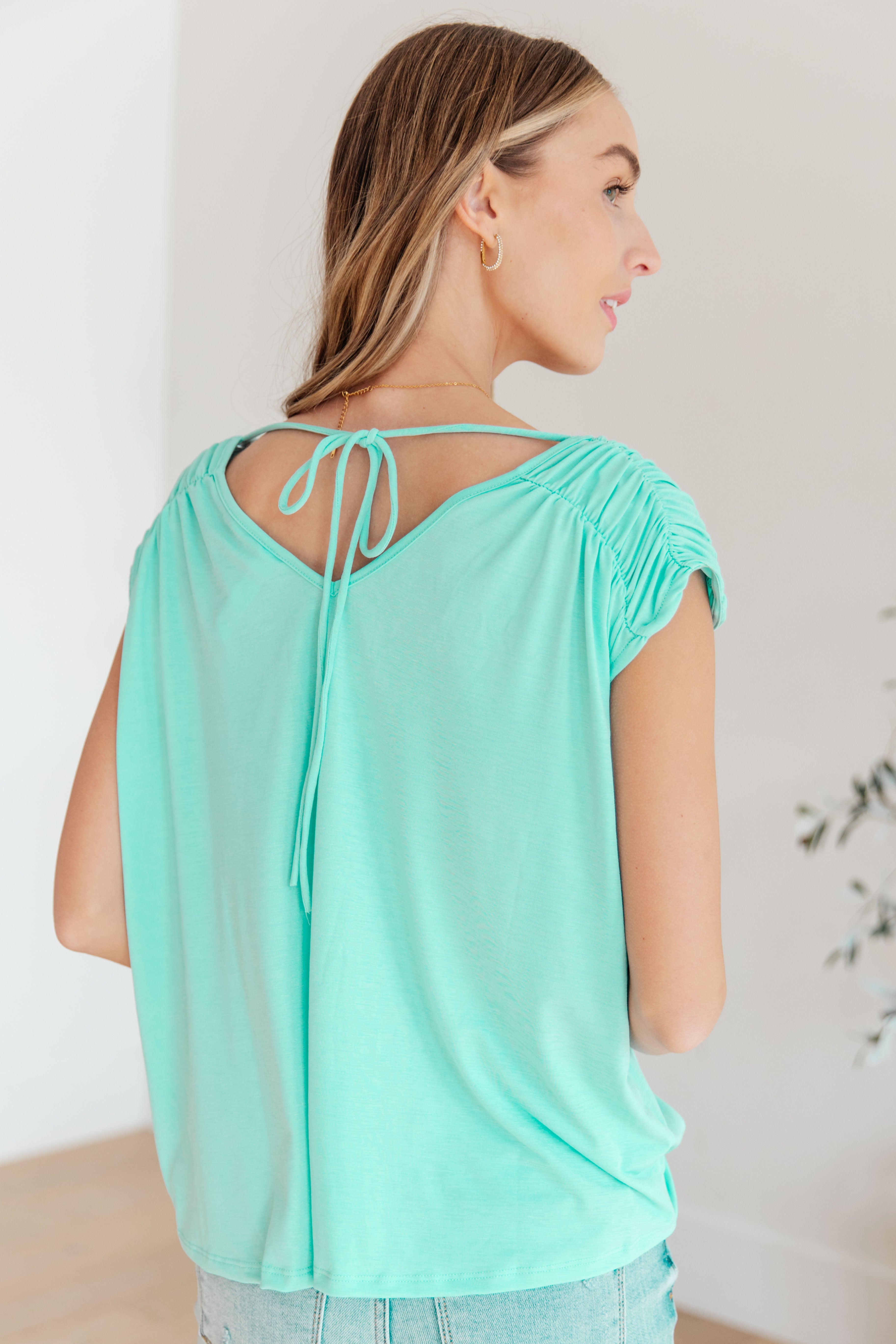 Ruched Cap Sleeve Top in Neon Blue Womens Ave Shops   