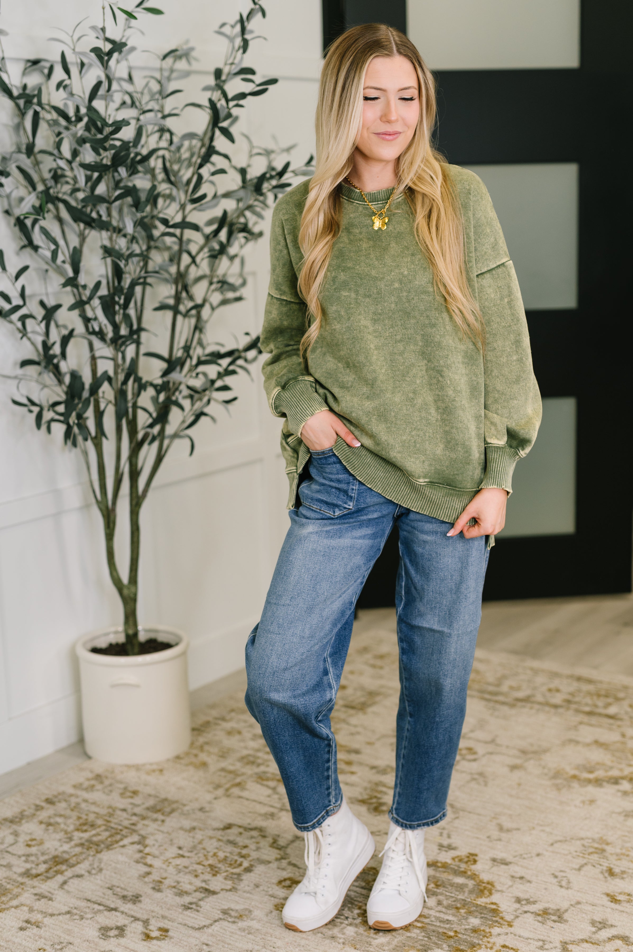 Safe and Secure Mineral Wash Pullover in Light Olive