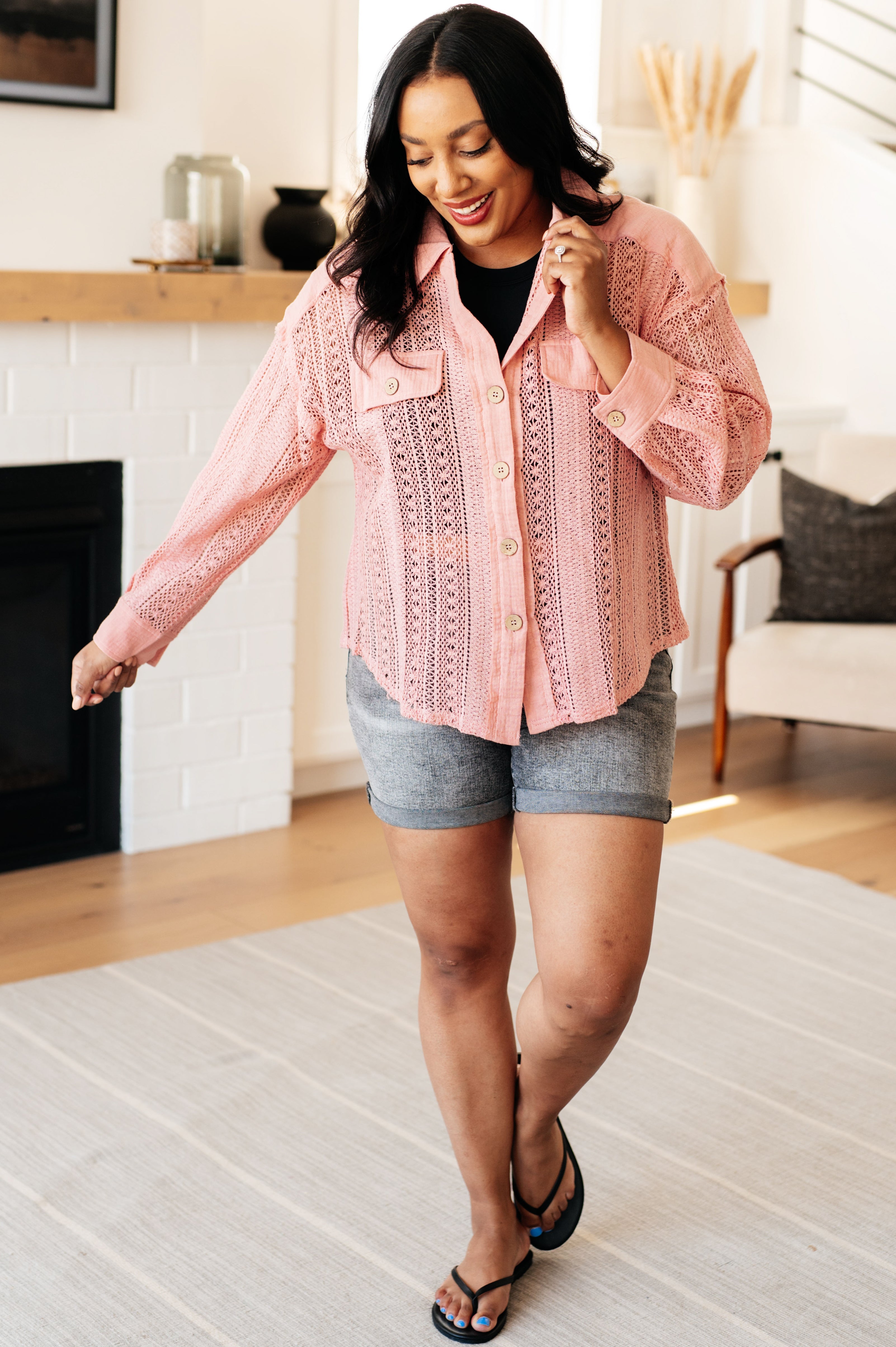 Sweeter Than Nectar Lace Button Down in Rose Tops Ave Shops   