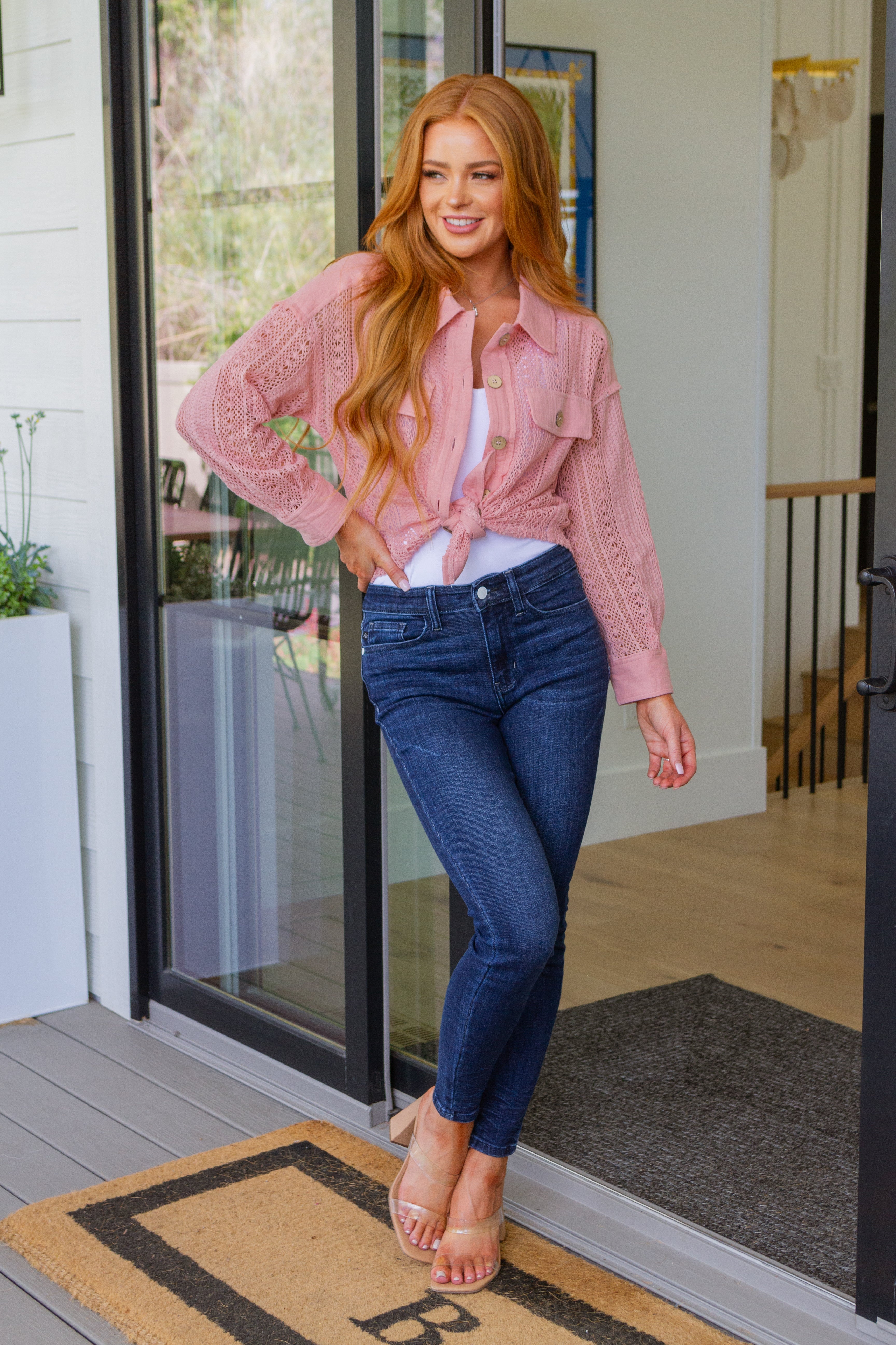 Sweeter Than Nectar Lace Button Down in Rose Tops Ave Shops   