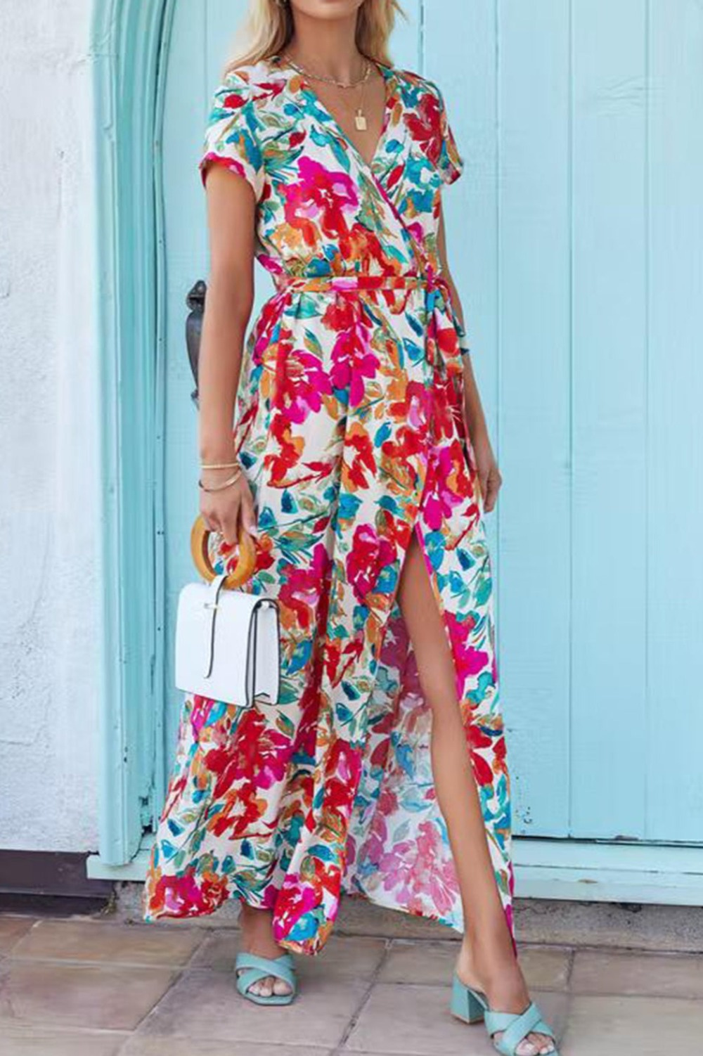 Tied Slit Floral Short Sleeve Dress Dresses Trendsi   