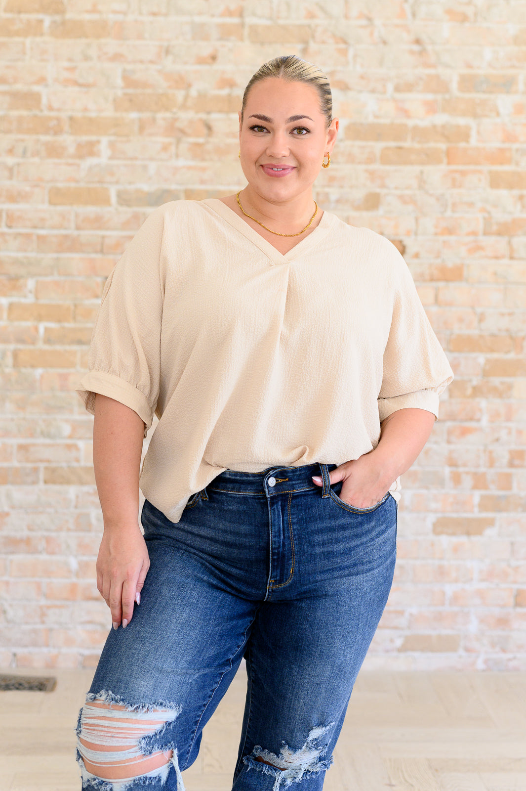 Up For Anything V-Neck Blouse in Taupe Tops Ave Shops   