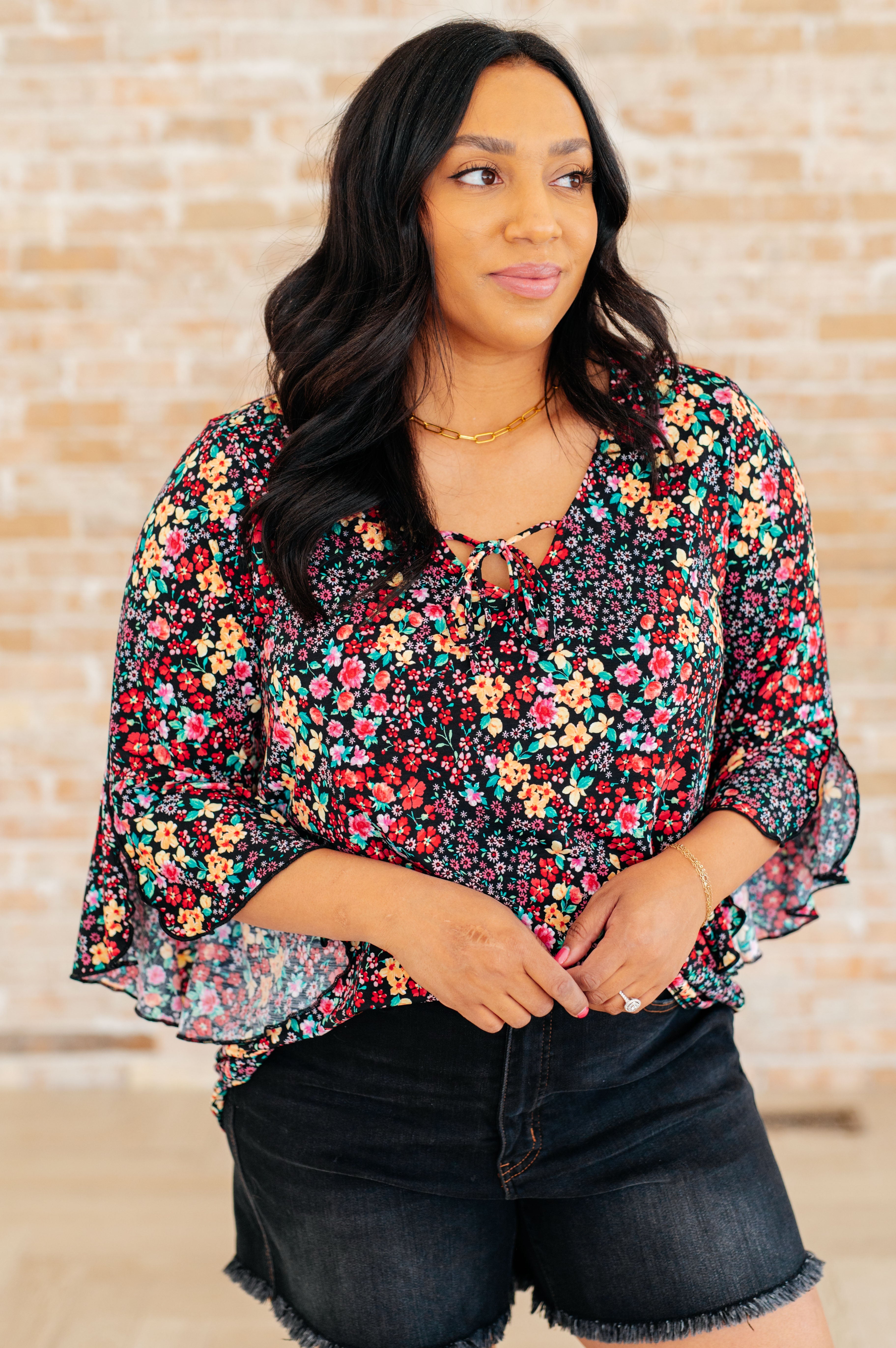Willow Bell Sleeve Top in Black Multi Ditsy Floral Tops Ave Shops   