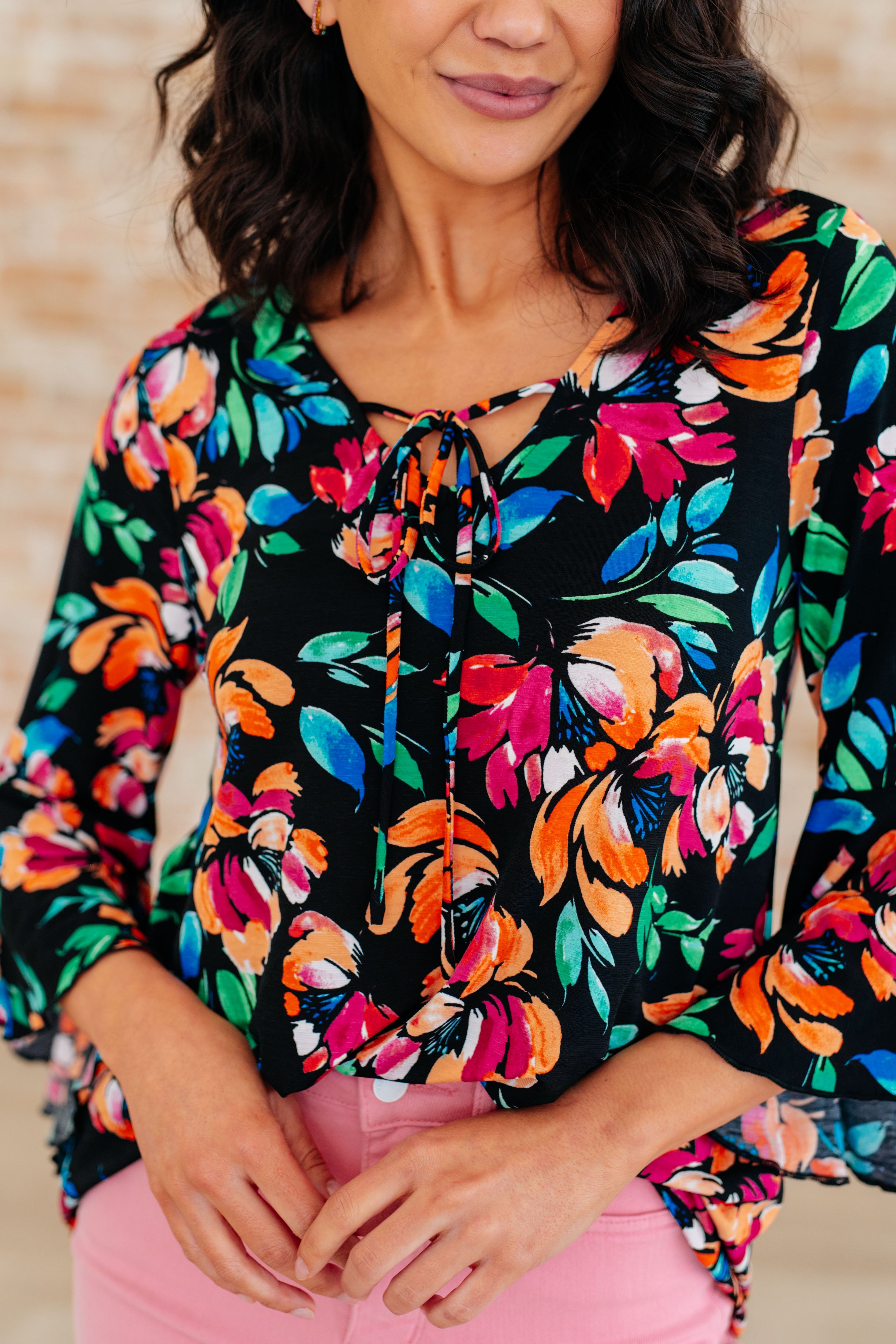 Willow Bell Sleeve Top in Black and Emerald Floral Tops Ave Shops   