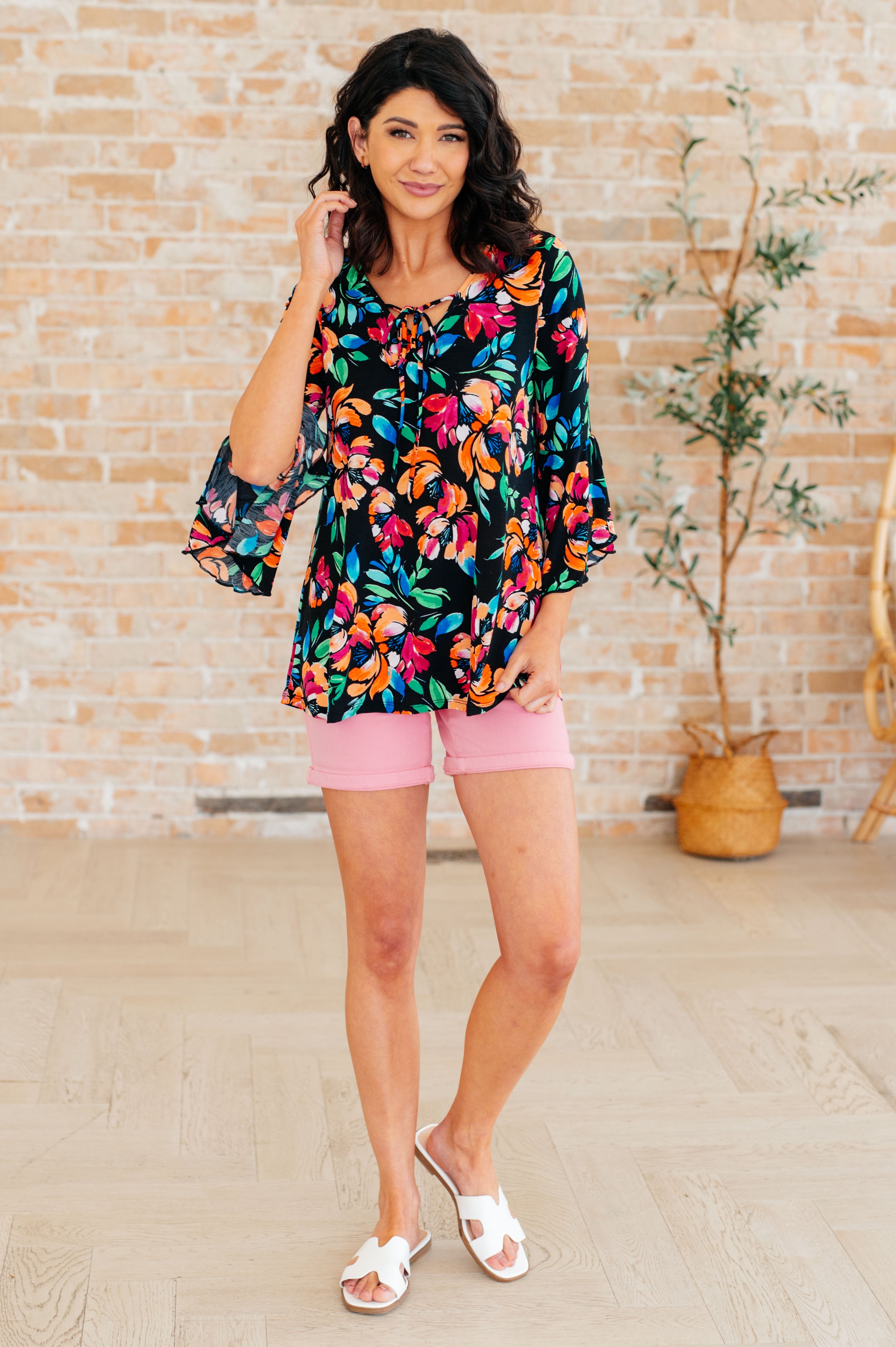 Willow Bell Sleeve Top in Black and Emerald Floral Tops Ave Shops   