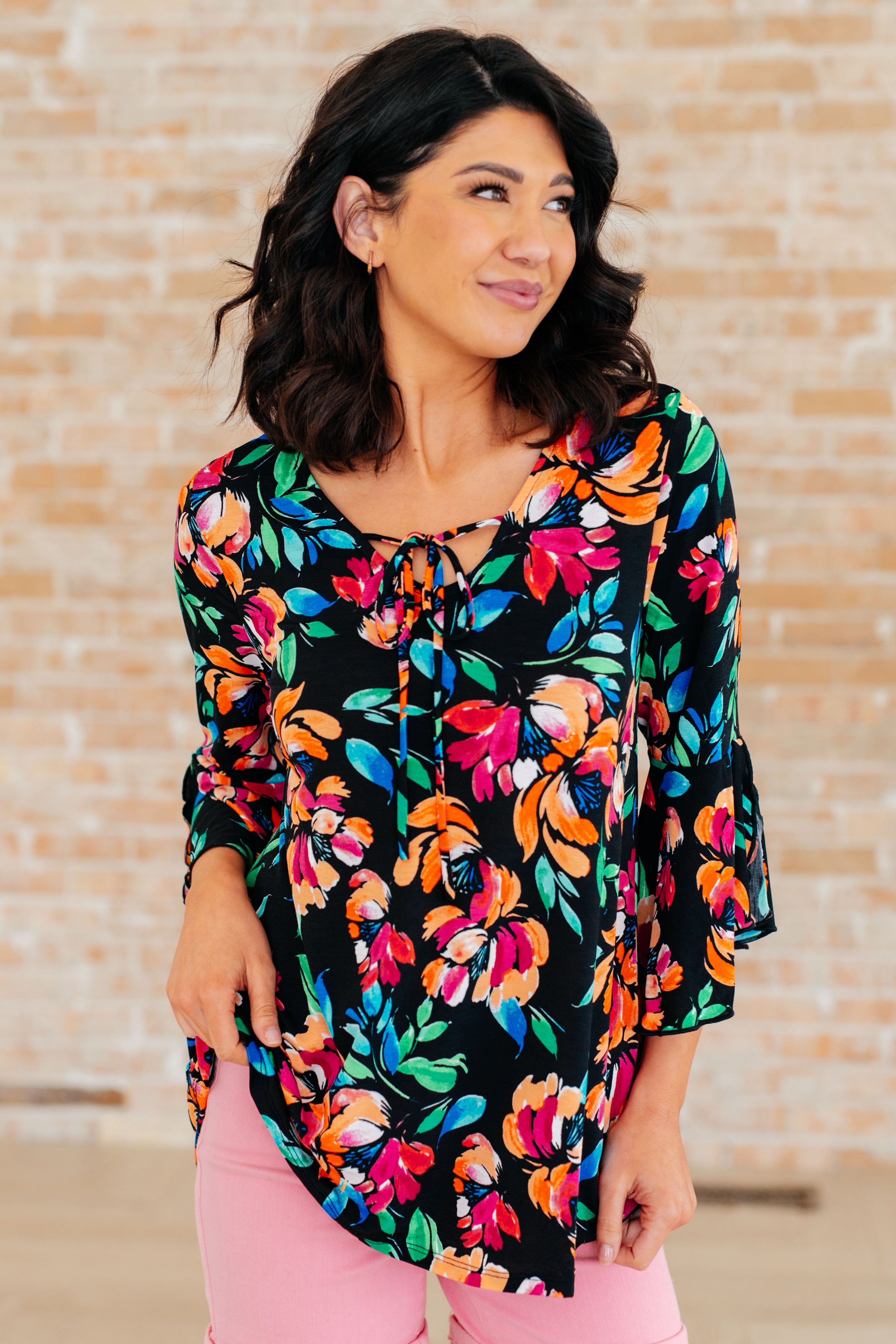 Willow Bell Sleeve Top in Black and Emerald Floral Tops Ave Shops   