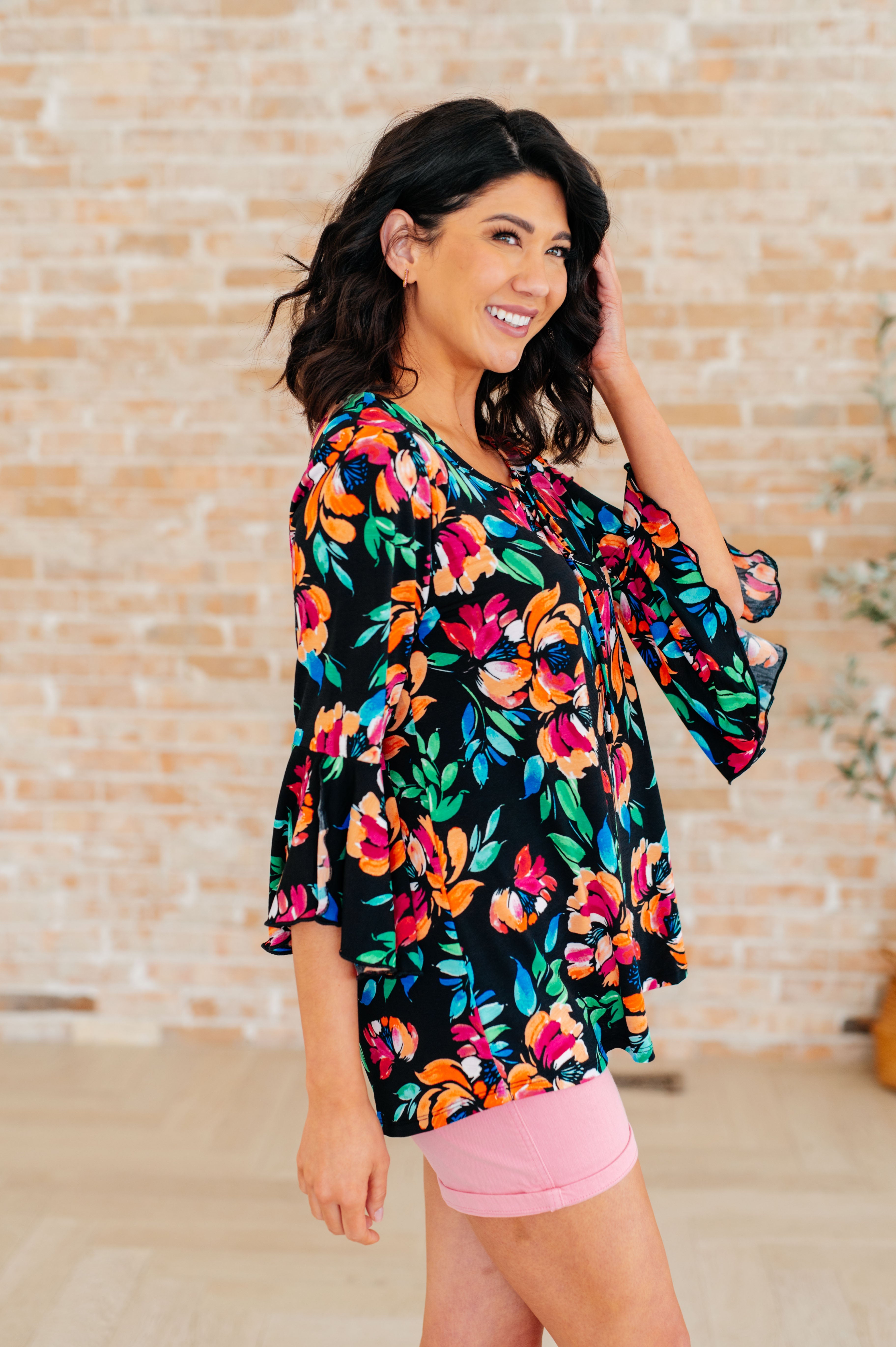 Willow Bell Sleeve Top in Black and Emerald Floral Tops Ave Shops   