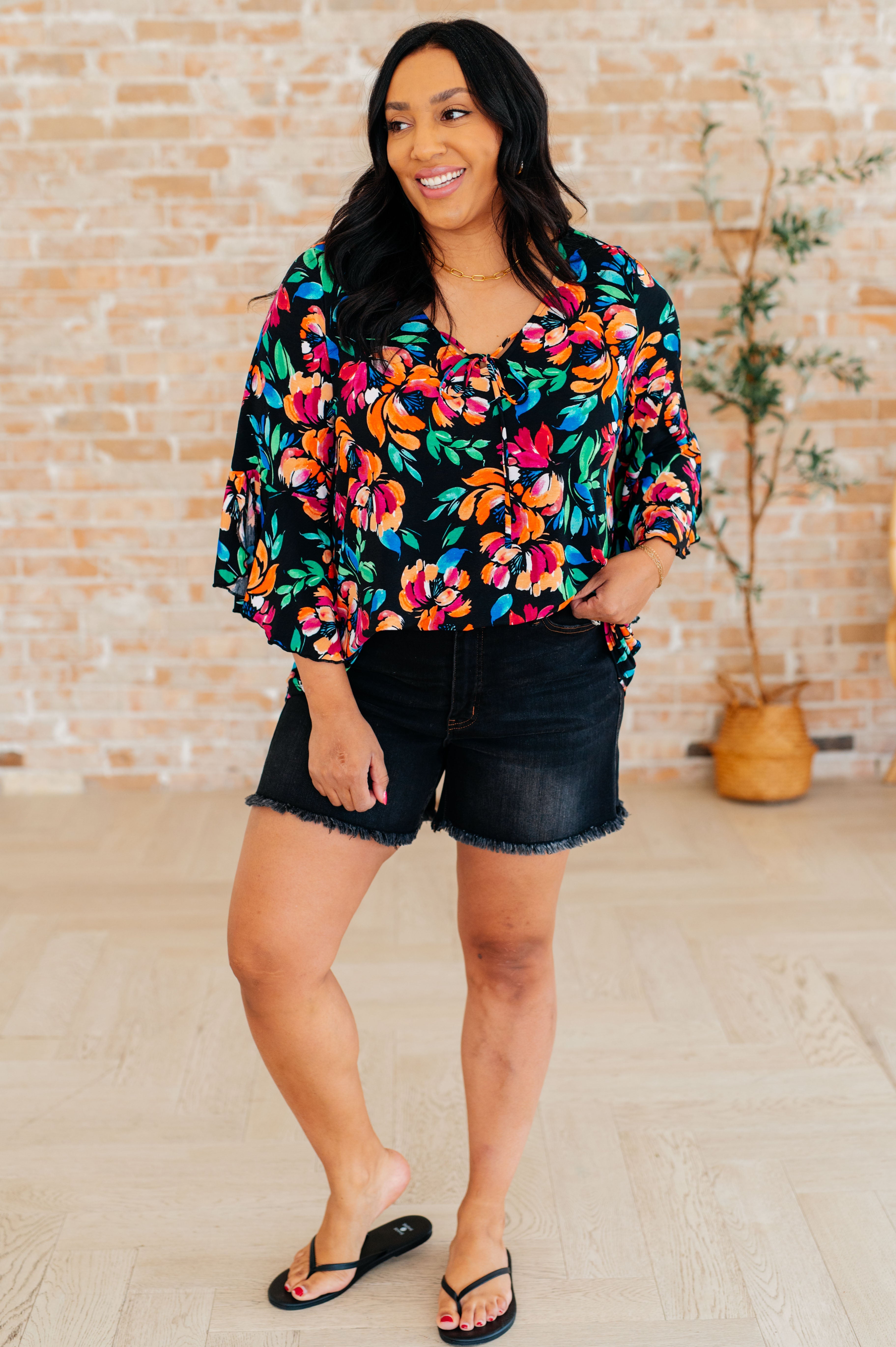 Willow Bell Sleeve Top in Black and Emerald Floral Tops Ave Shops   