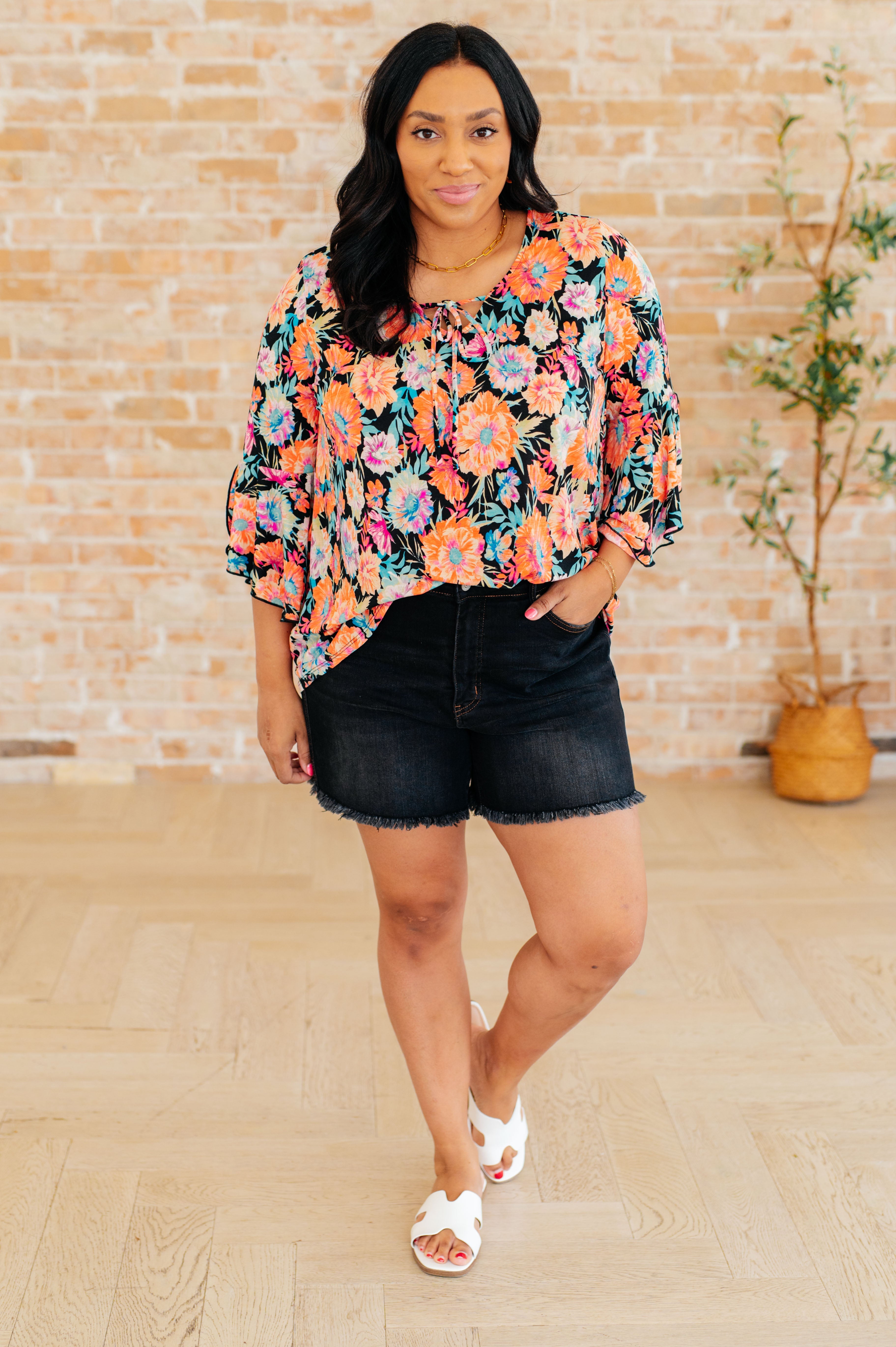 Willow Bell Sleeve Top in Black and Persimmon Floral Tops Ave Shops   