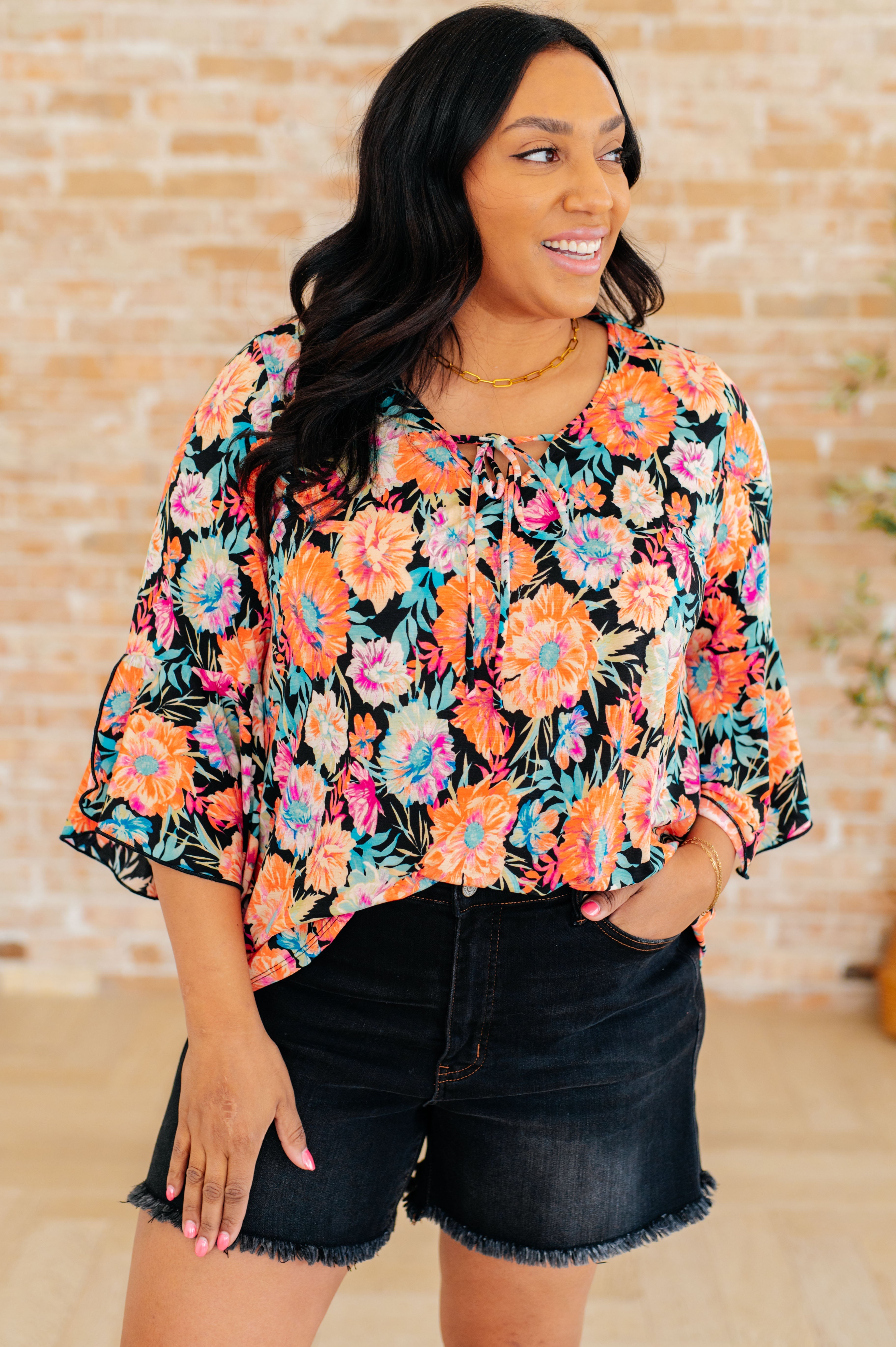 Willow Bell Sleeve Top in Black and Persimmon Floral Tops Ave Shops   