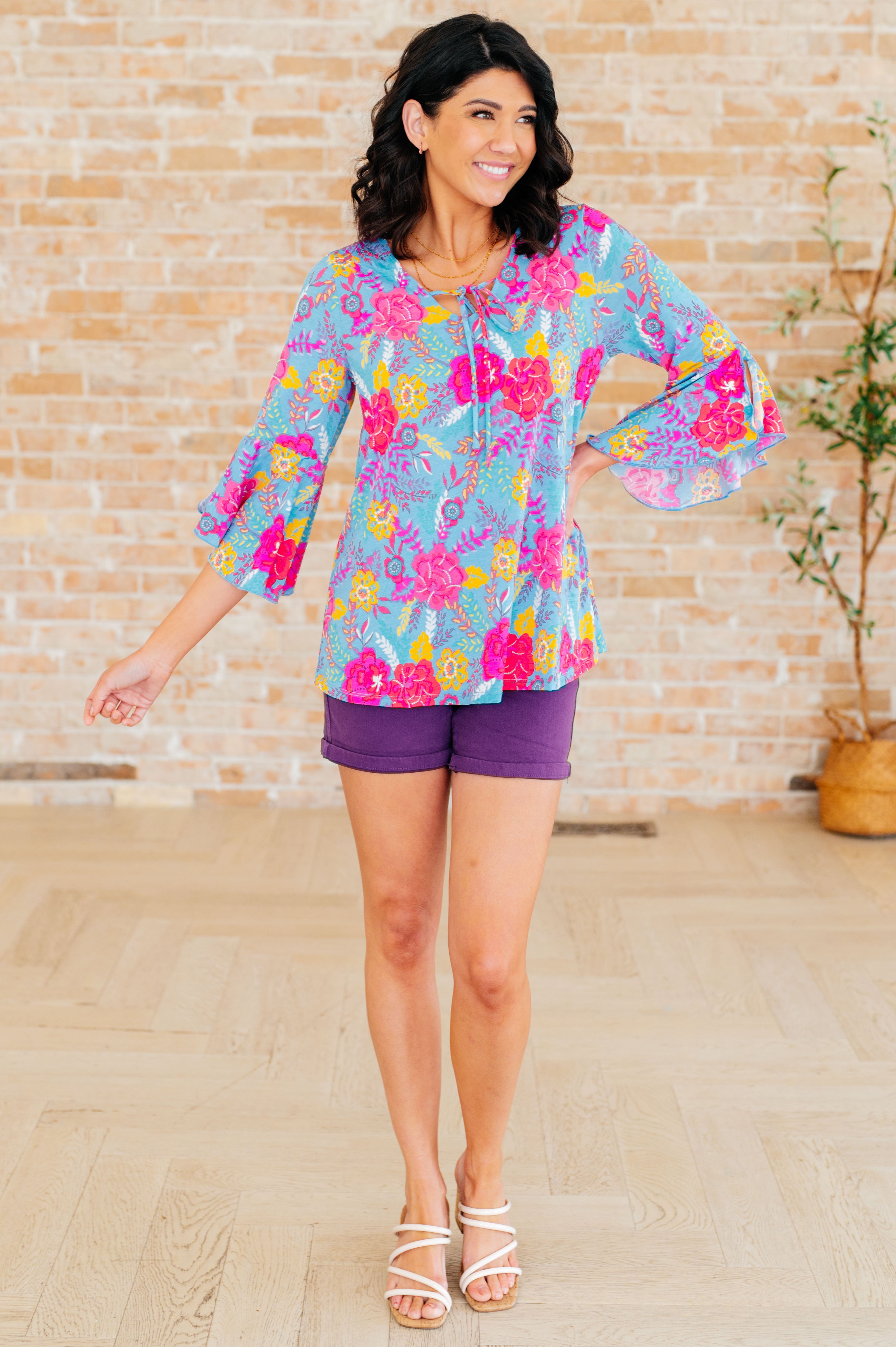 Willow Bell Sleeve Top in Bright Blue Floral Tops Ave Shops   