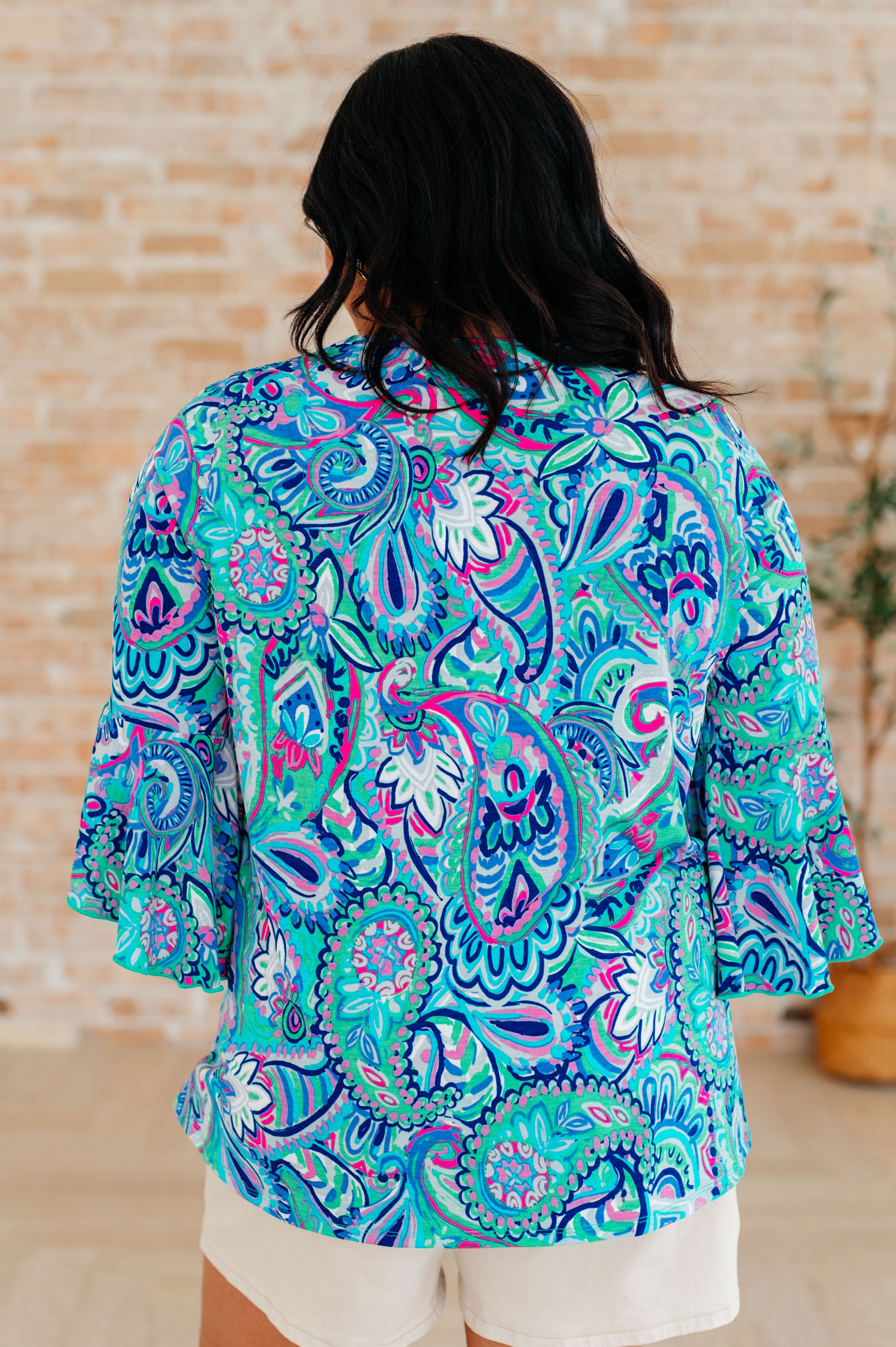 Willow Bell Sleeve Top in Emerald and Royal Paisley Tops Ave Shops   