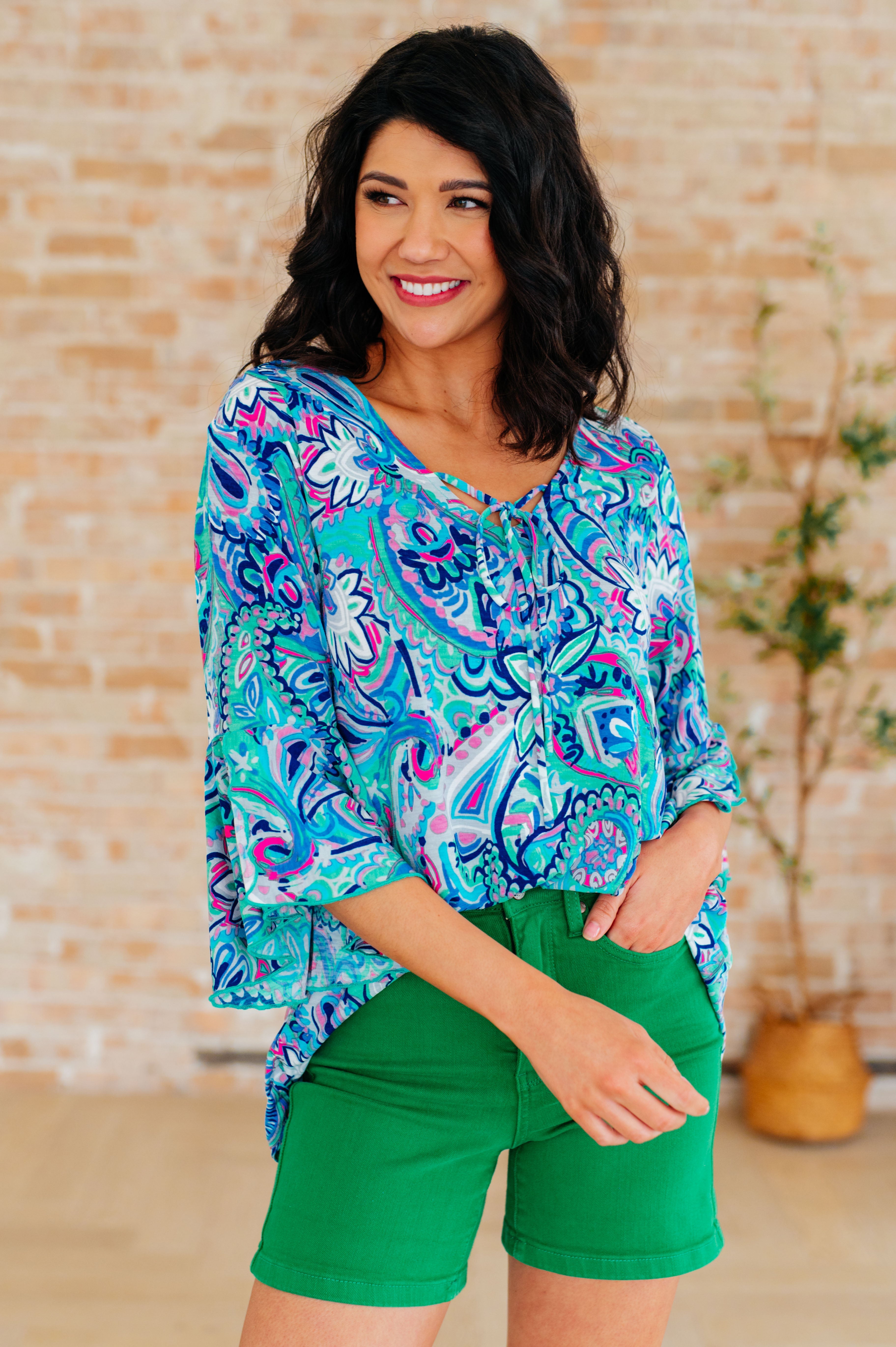 Willow Bell Sleeve Top in Emerald and Royal Paisley Tops Ave Shops   